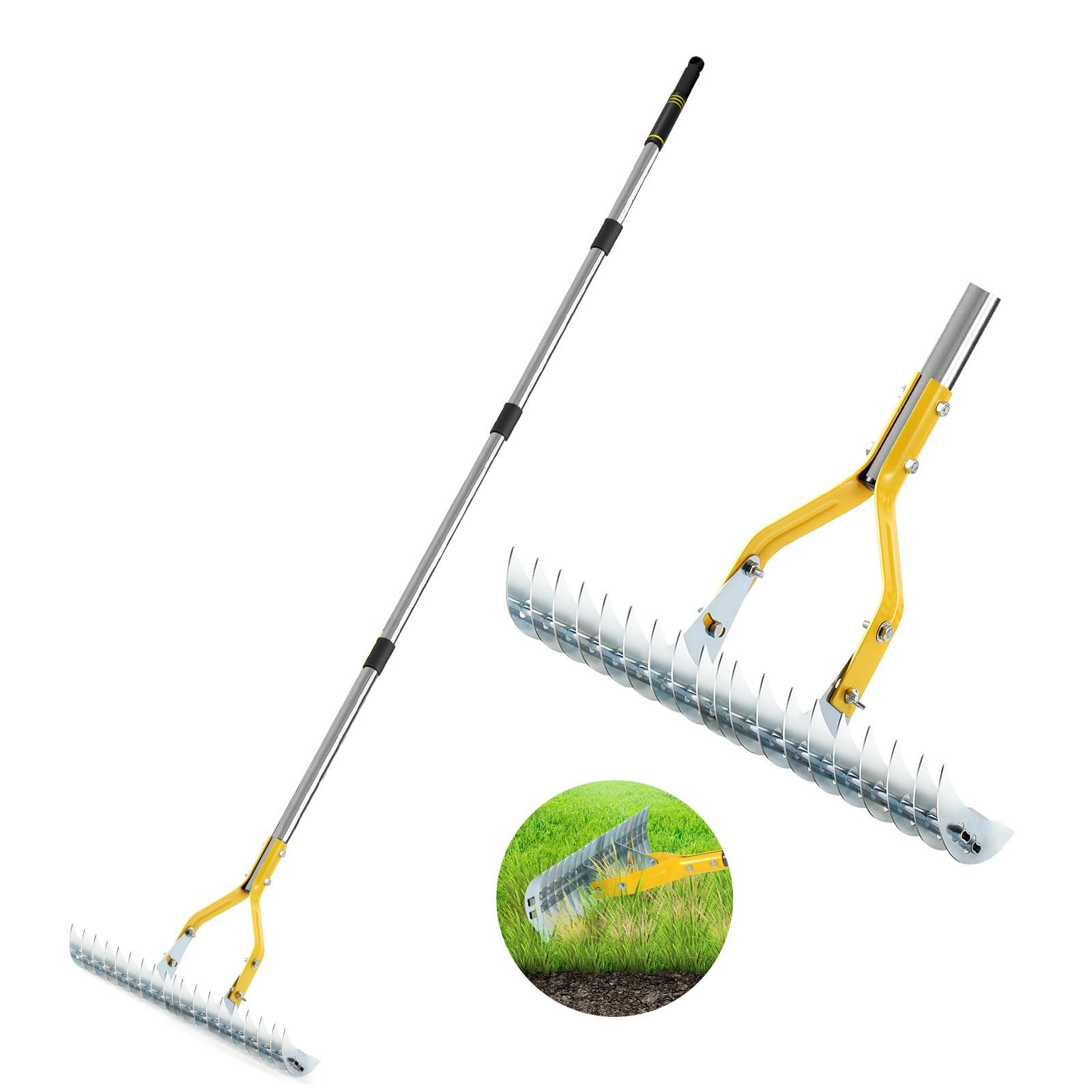 Thatch Rake, 15-Inch Steel Lawn Dethatcher with Handle, Heavy Duty Grass Clea...
