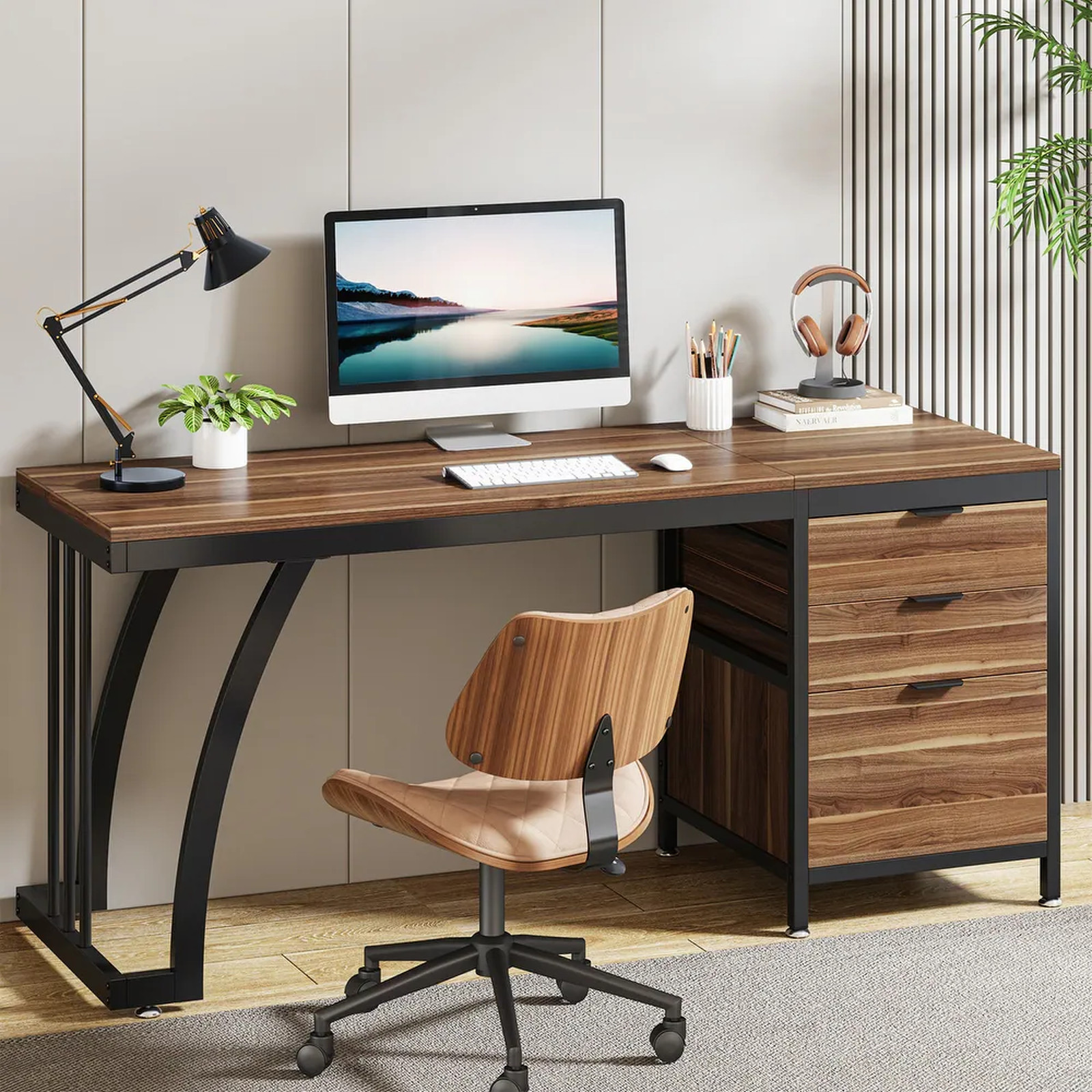 59" Industrial Computer Desk 3 Drawers Large Writing Study Table Walnut Brown PC