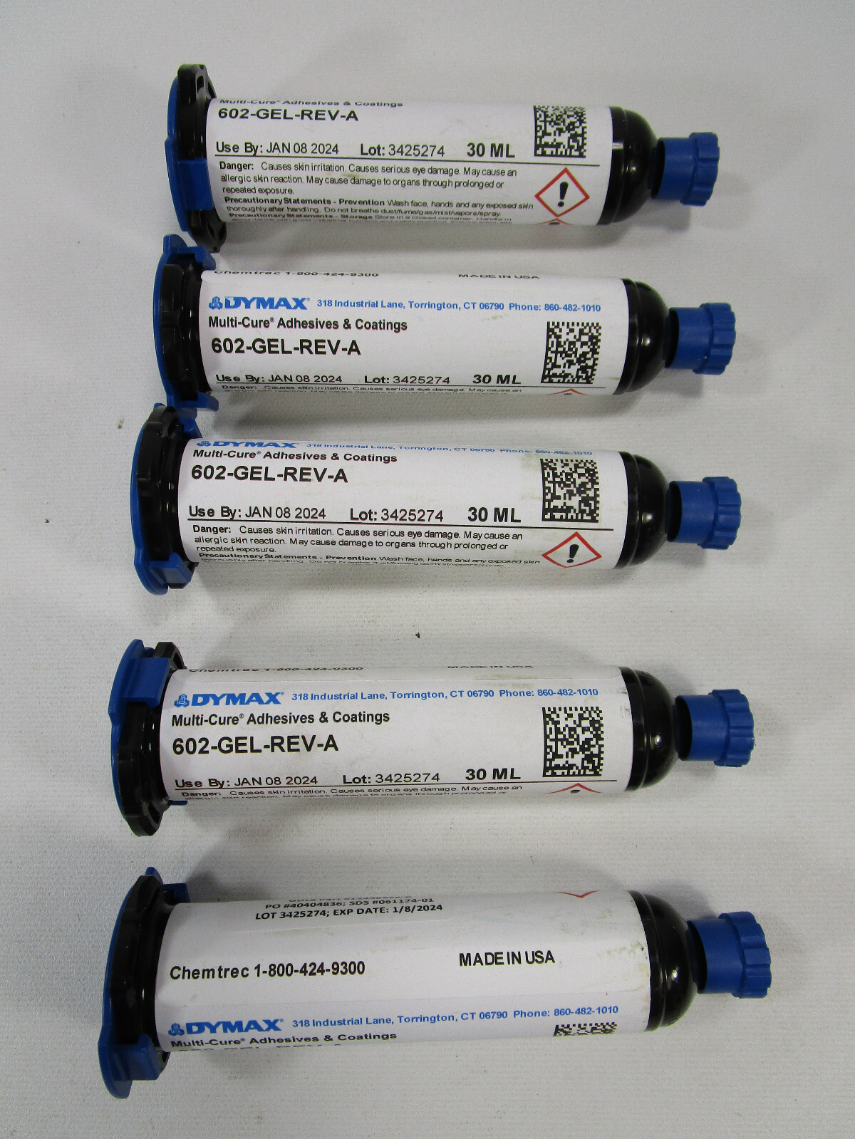 Lot of 5 New 602-GEL-REV-A Dymax Multi-Cure Adhesive uv curing 30ML Syringe