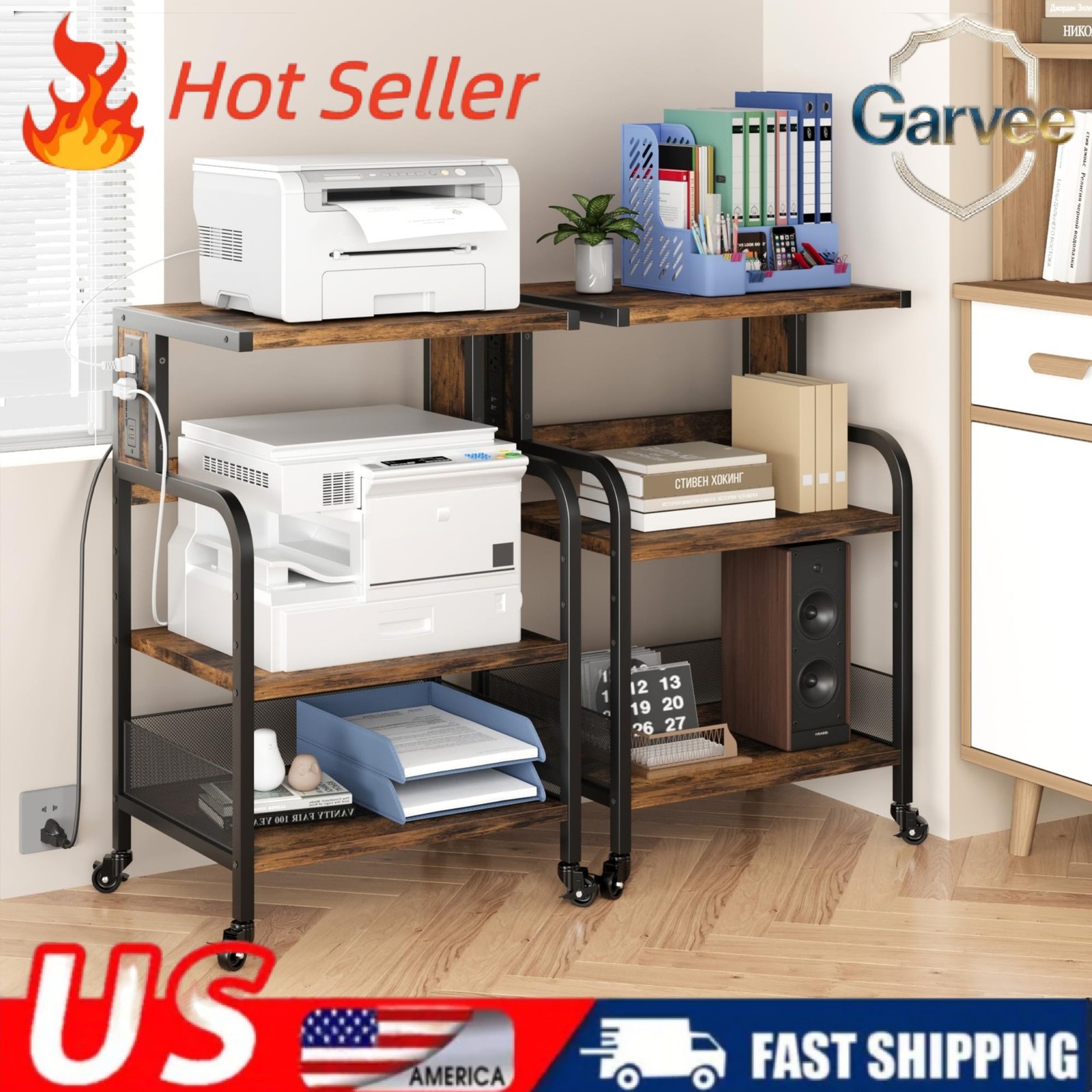 3-Tier Printer Stand Castors Storage Shelves Rolling Printer Cart