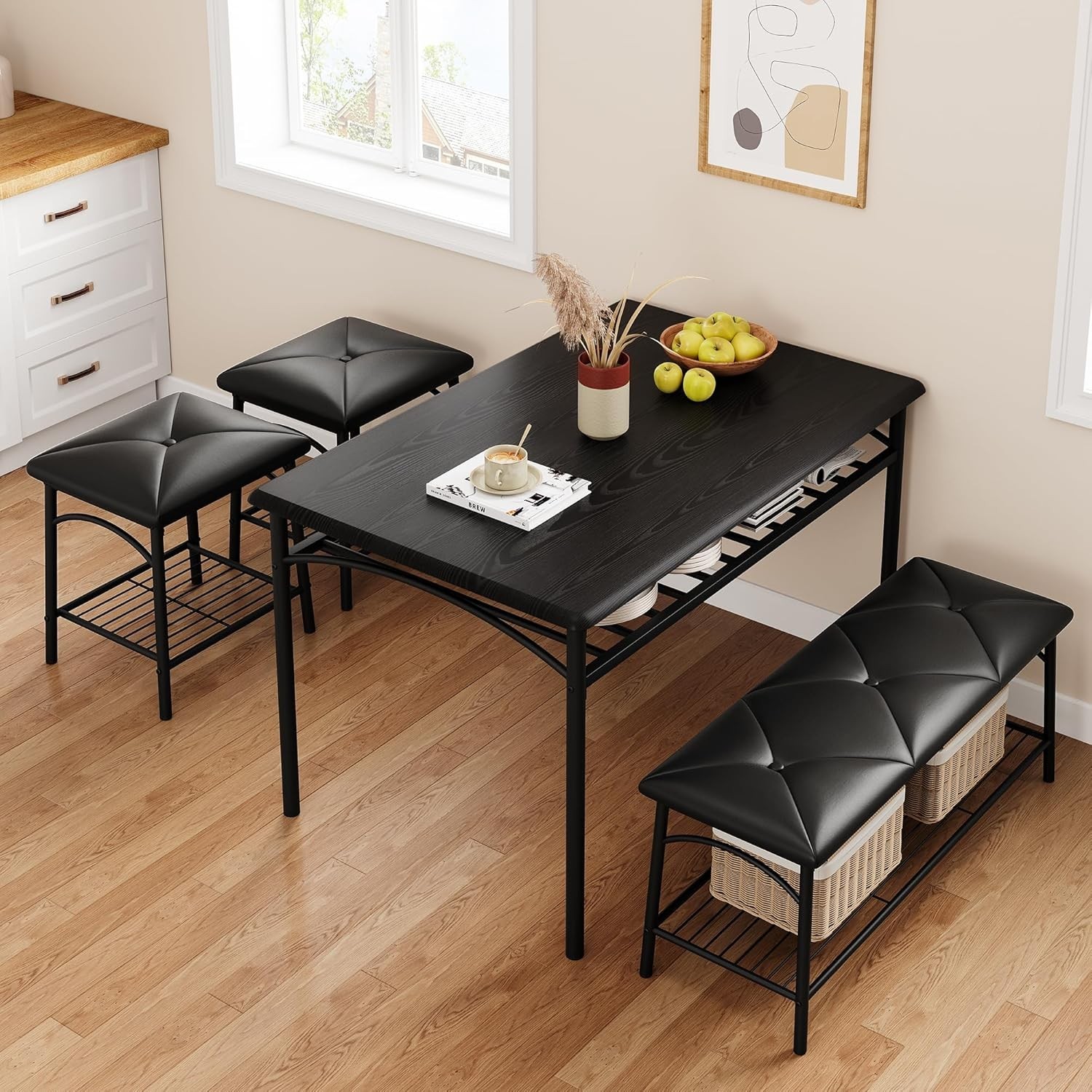 Dining Table Set 4 Kitchen Table W/ Upholstered Bench & 2 Chairs Kitchen Table