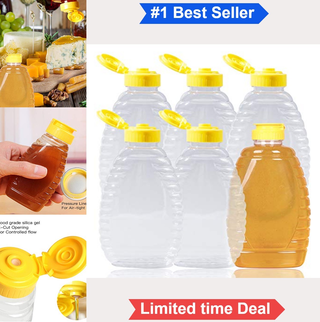 6 Pcs 12 Oz Honey Jars Plastic Clear Empty Squeeze Bottles Leak Proof Flip Top