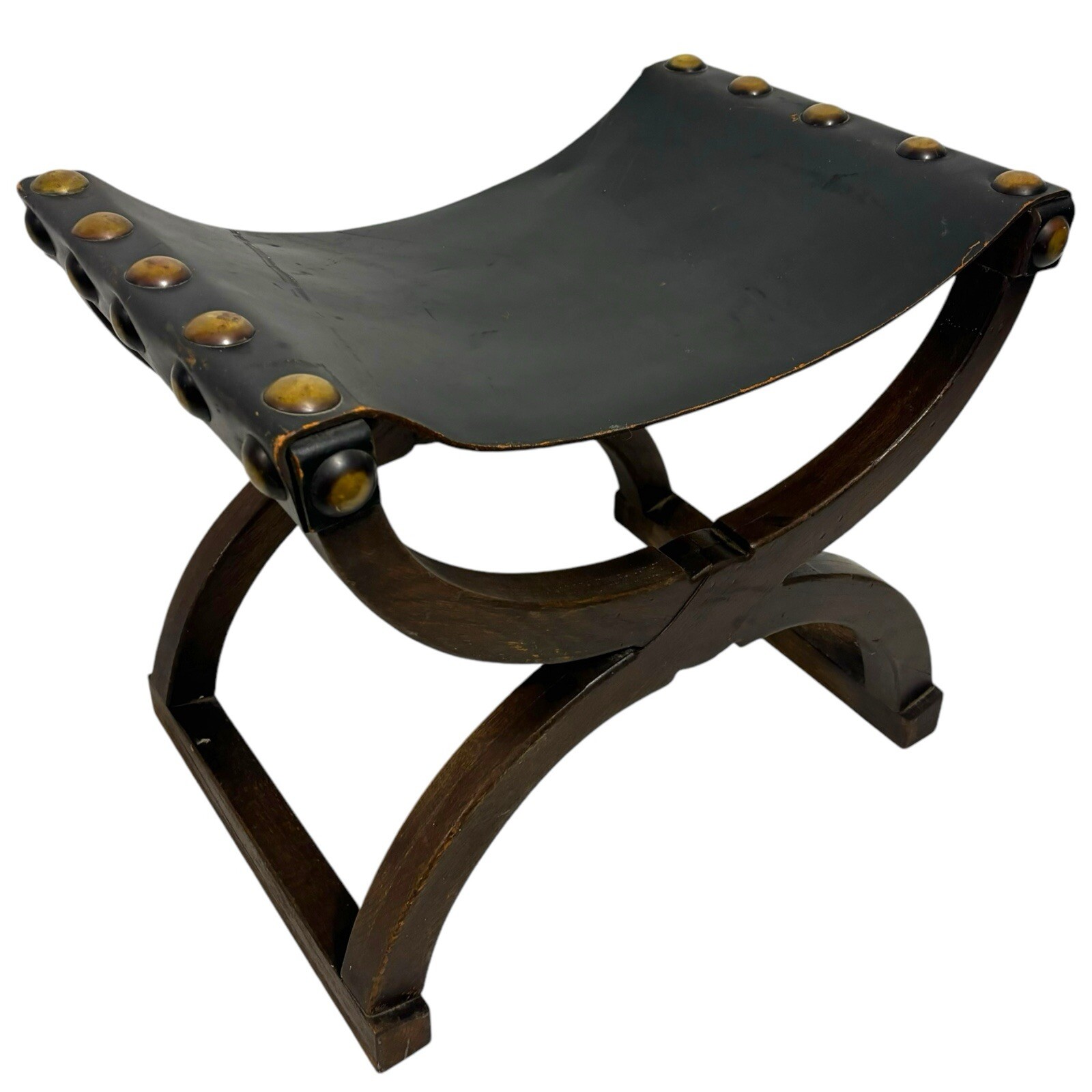 Antique 19th C Western Regency Mahagony Leather Curule Chair Saddle Stool Bench