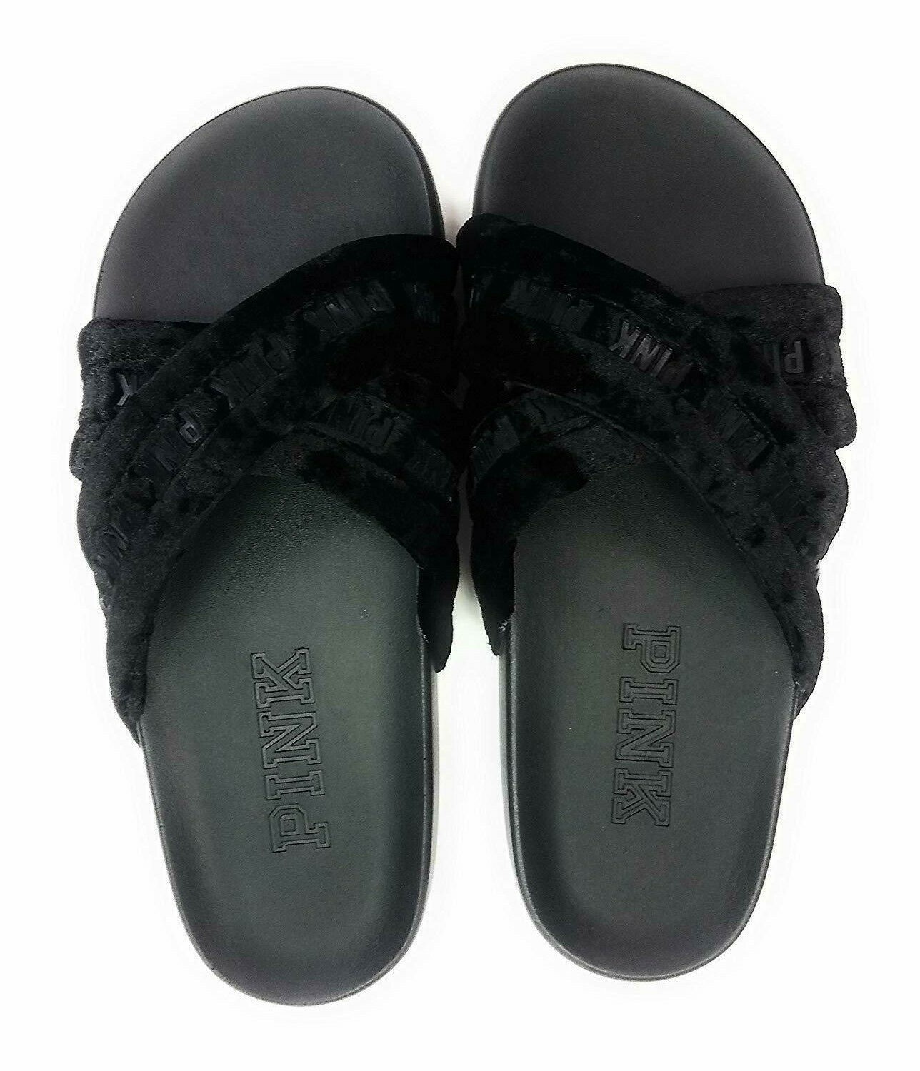 Victoria's Secret Pink Women Crisscross Black Velvet Slides Sandals NWT
