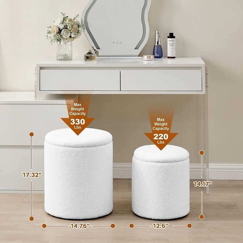 Round Velvet Ottoman Storage Stool Nesting Set Multifunctional Footrest 2-in-1