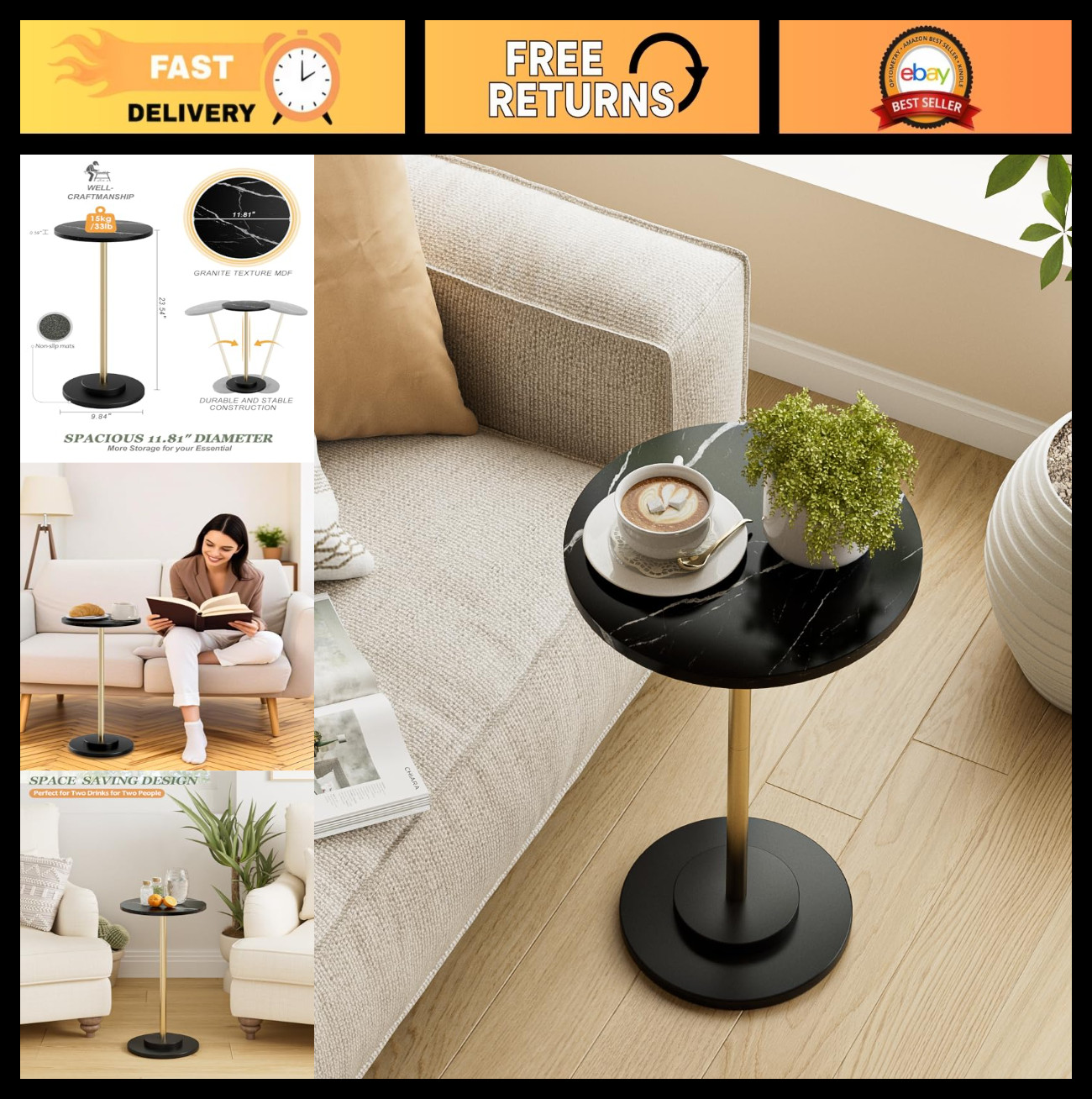 Modern Round Side Table - Small Accent Table for Living Room, Bedroom, Office -