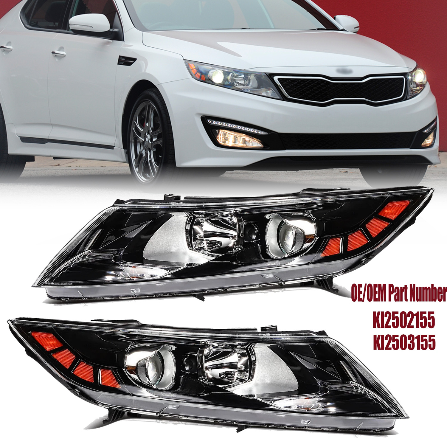 Headlights for 2011-2013 Kia Optima Halogen Black Pairs Headlamps Factory Style