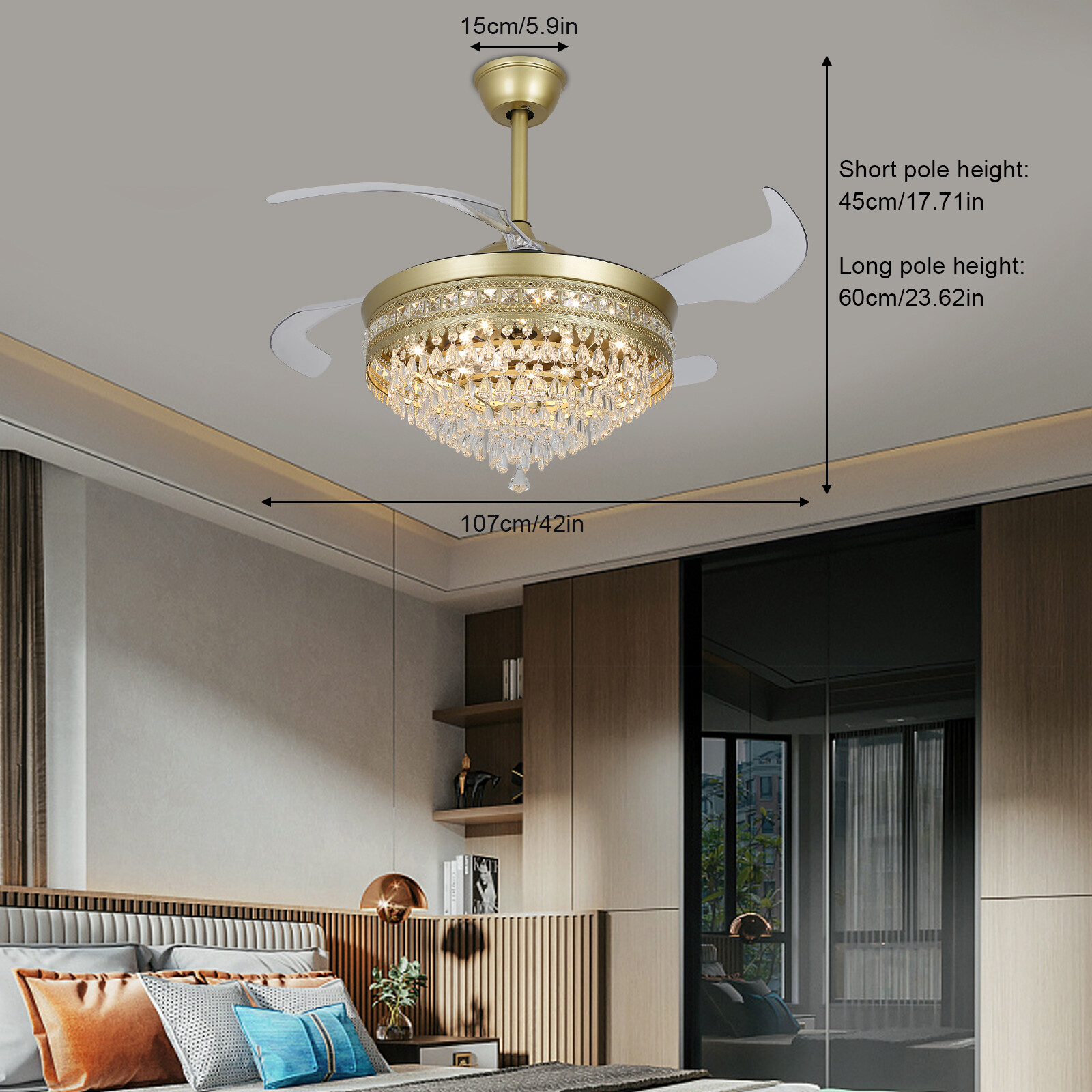 Modern Crystal Ceiling Fan Light with Remote Control and LED IlluminationUS