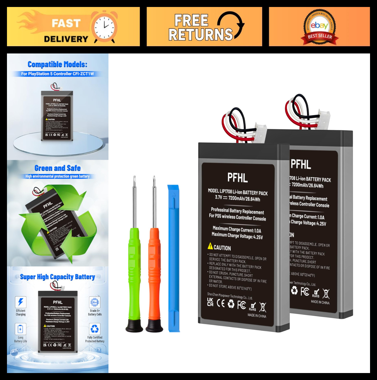 2 Pack 7200mAh High Capacity PS5 Controller Battery, 0 Cycle Upgrade + Repair To