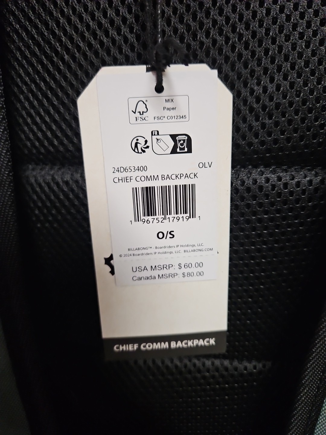 Billabong Backpack Chief Comm Green & Black NWT, MSRP $60
