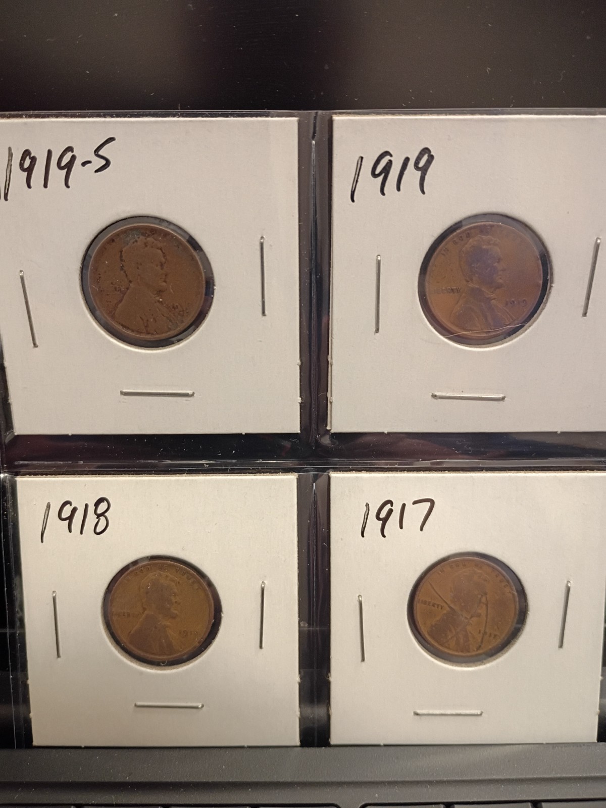 1917, 1918,1919, and 1919-S Wheat pennies