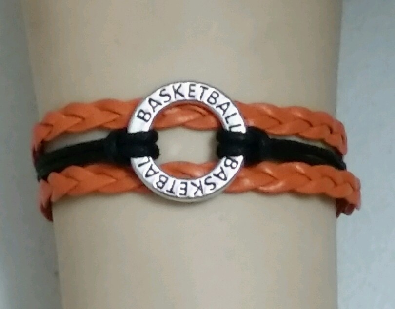 BASKETBALL  ADJUSTABLE LEATHER BRACELET HANDMADE ORANGE & BLACK -6"-8"- #314