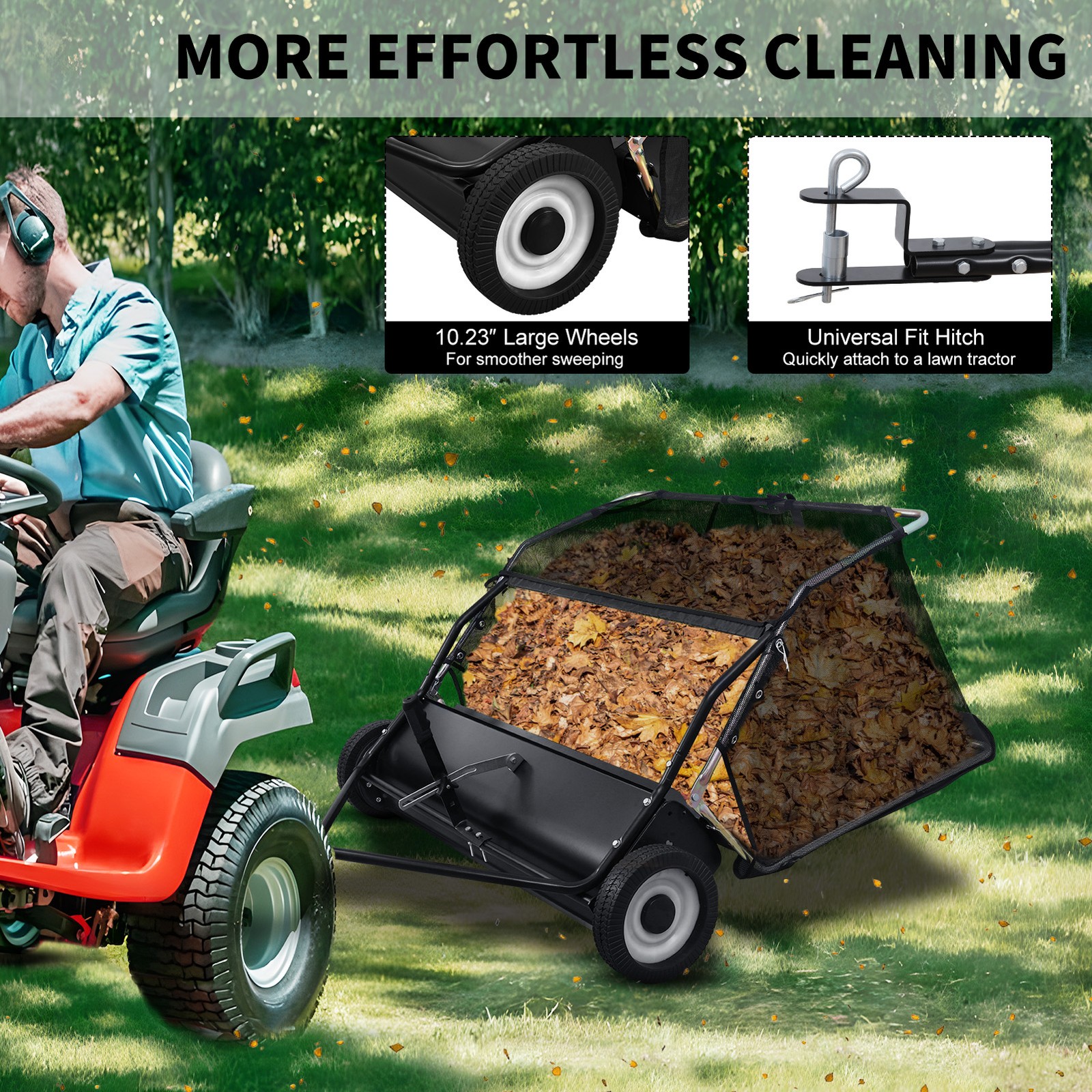44" Tow Behind Lawn Sweeper Leaf Collector Sweeper for Lawn 25 Cu FT Capacity