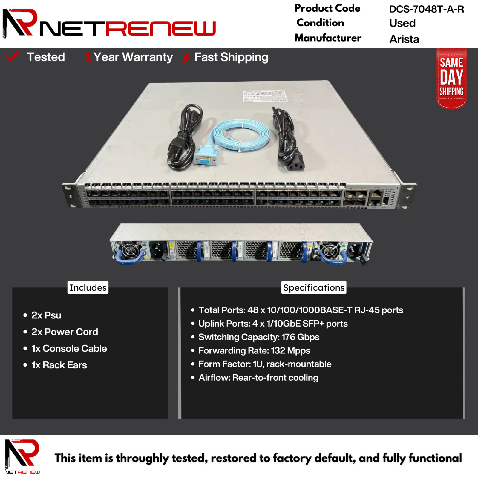 Arista DCS-7048T-A-R 48x 1GB RJ-45 4x 10GB SFP+ Network Switch R-F