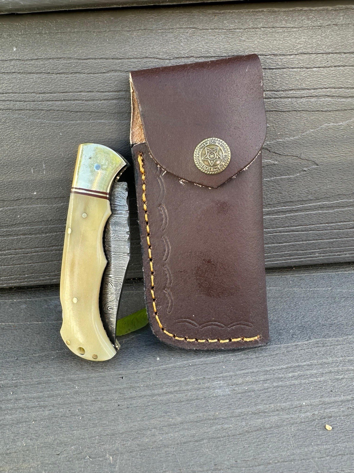 Custom Handmade Damascus Steel Folding Blade Pocket Knife - Camel Bone & Brass
