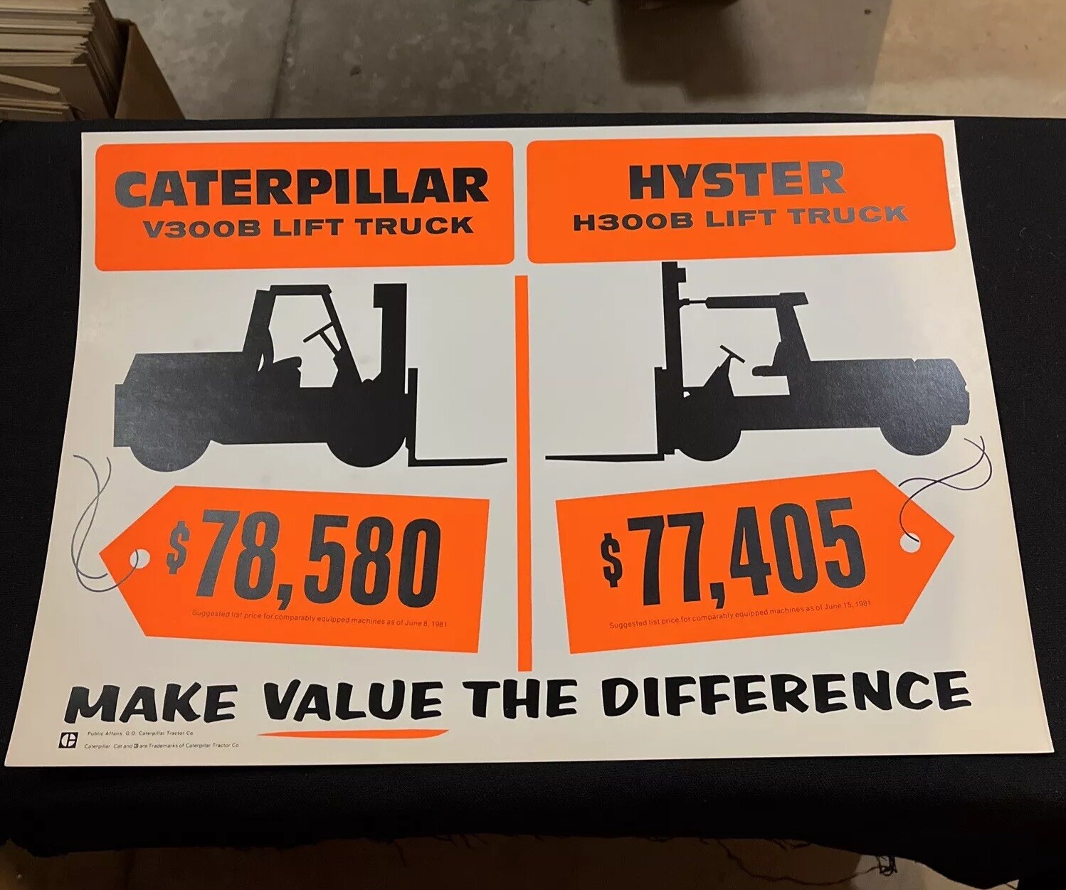Vintage CAT vs Hyster Sign NOS - Morale Poster - Lift Truck Comparison V300B