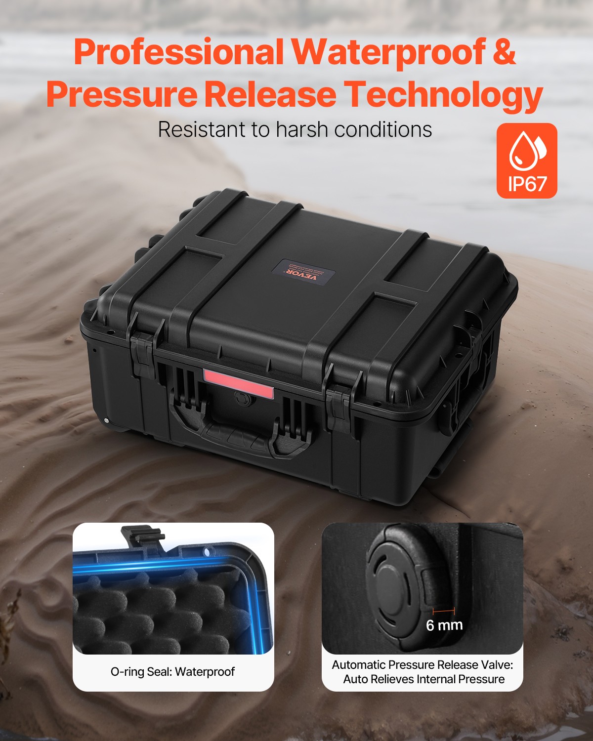 VEVOR 2.5 Cu.ft Weatherproof Hard Case Rolling Wheels & Retractable Handle