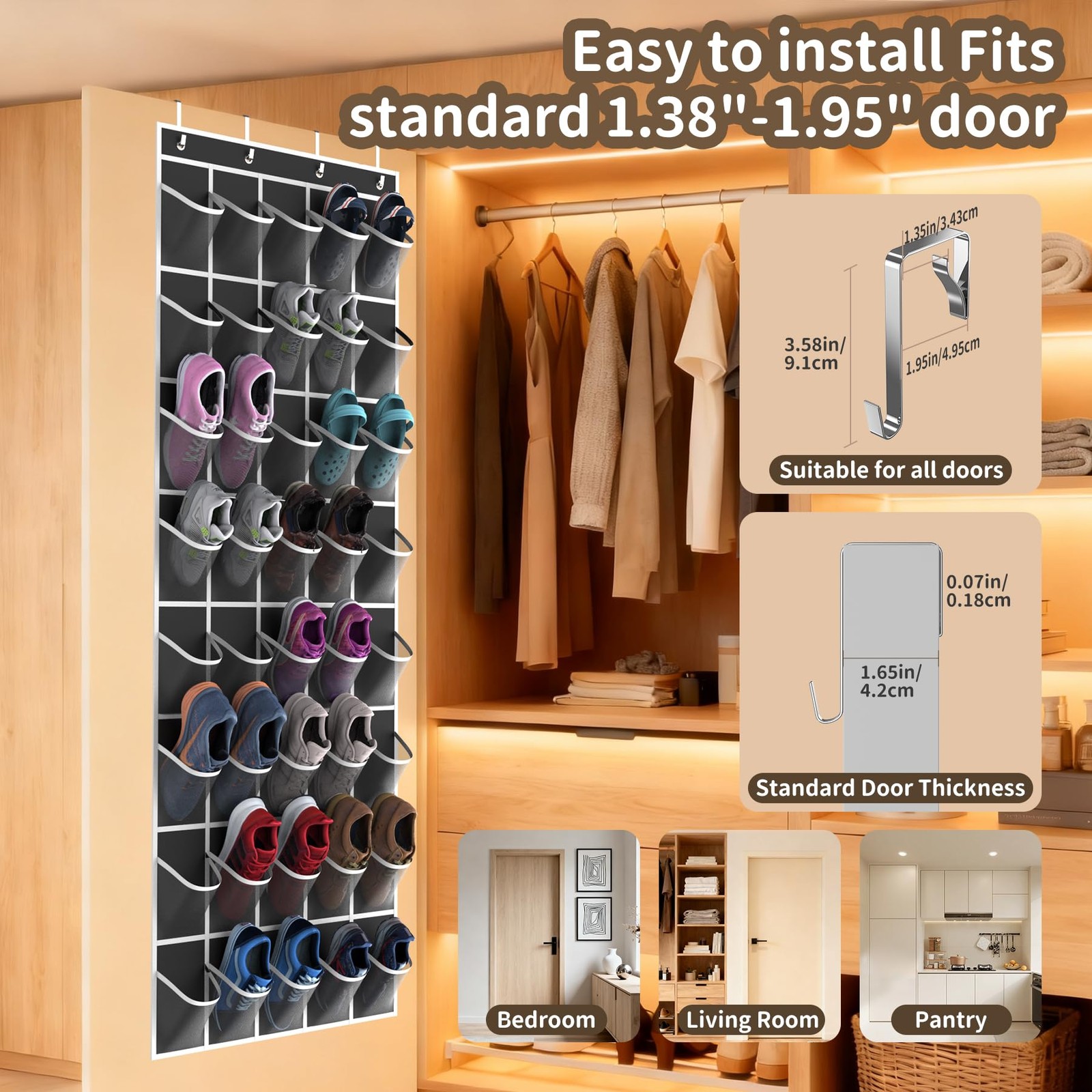 Over the Door Shoe Organizer with 40 Large Pockets, Multi-Purpose Storage for...