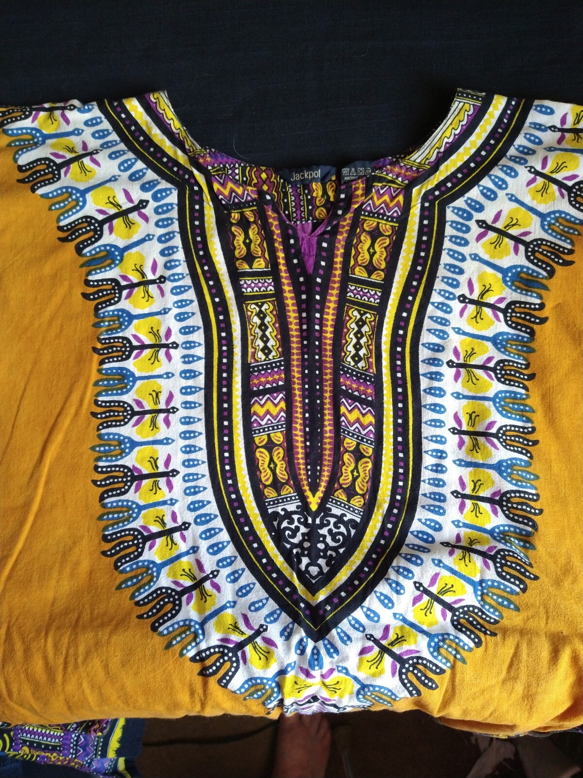 JACKPOT DASHIKI SHIRT UNISEX ONE SIZE GOLDEN & MULTI AFRICAN TRIBAL DESIGN NWOT