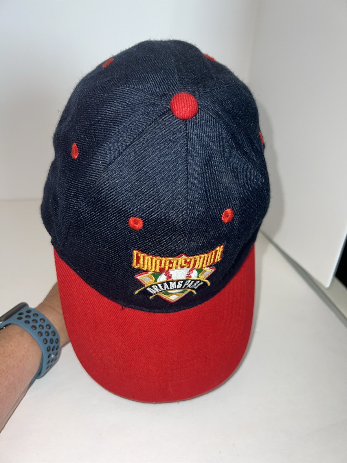 Cooperstown Dreams Park Red Bill Navy Hat Cap w Embroidered Patch Hook Loop