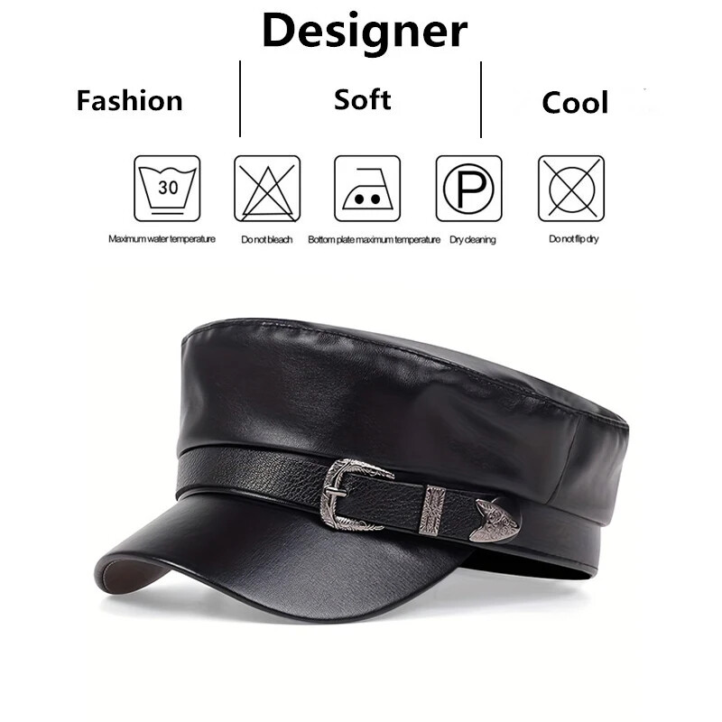 Fashion Women Large Belt Buckle Leather Hat Spring Autumn Sailor Hats Black