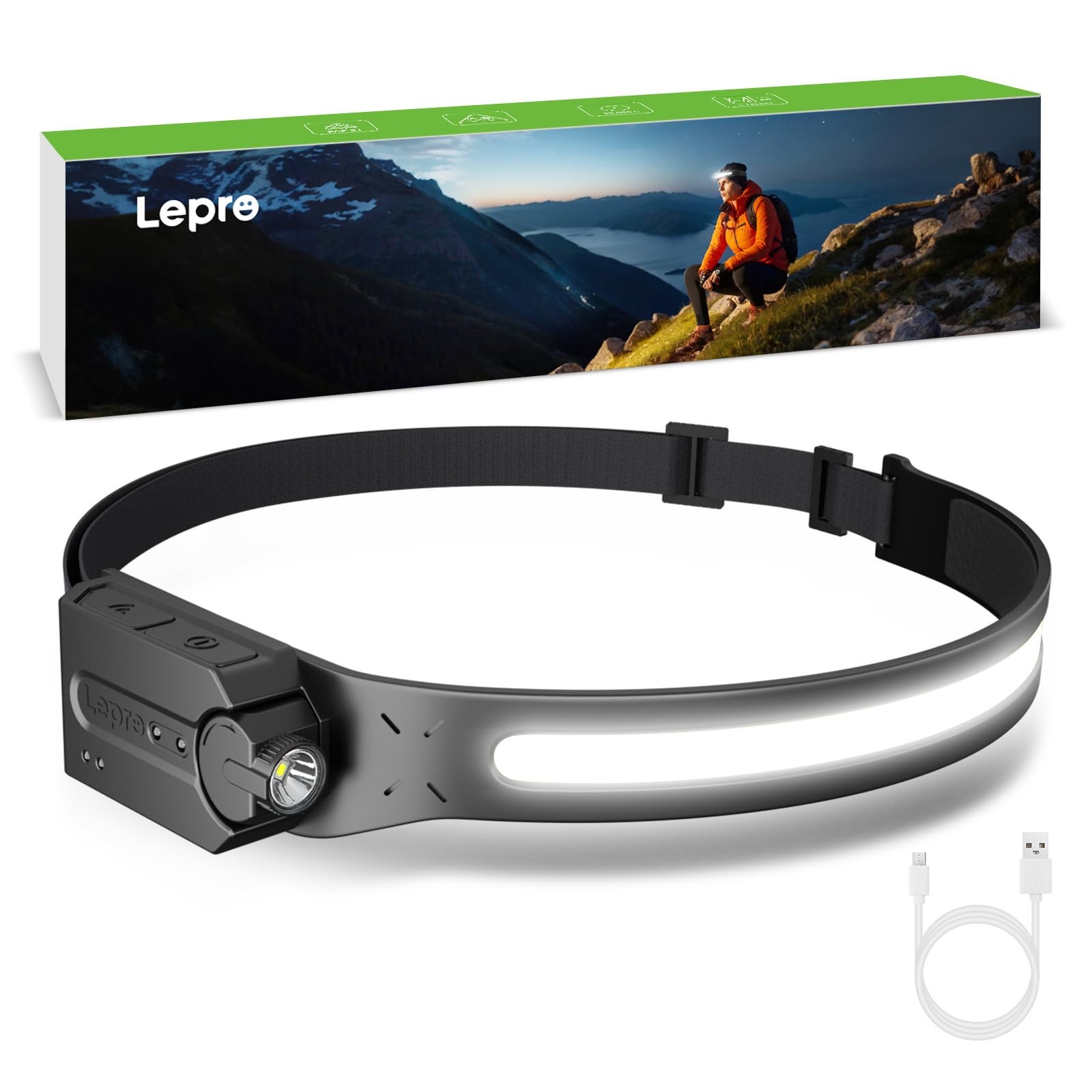 Lepro Headlamp - Super Bright LED Head Lamp Rechargeable with 230°Wide Black
