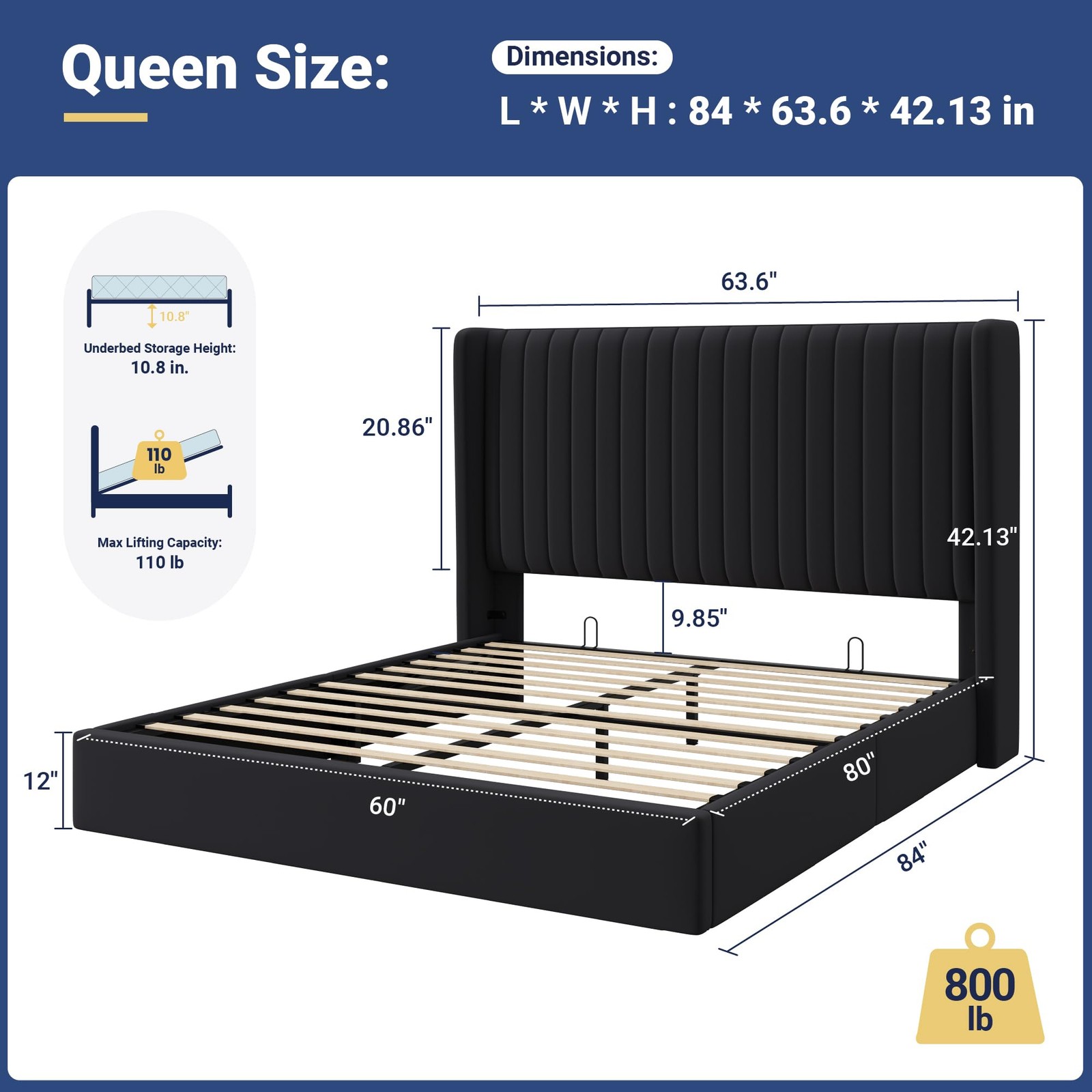 Queen Size Lift Up Storage Bed Frame, Hydraulic Support System, Upholstered P...
