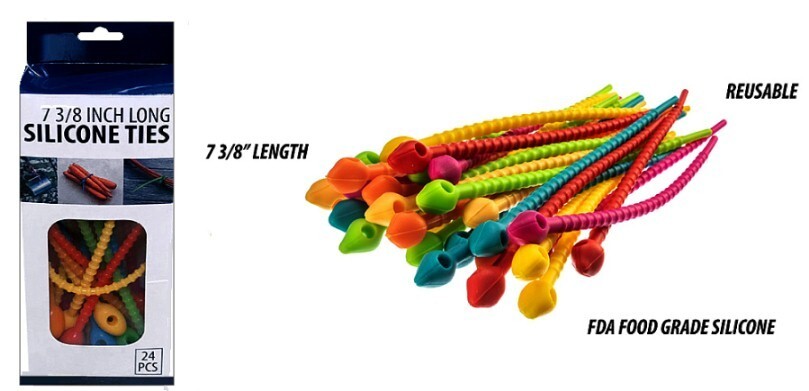 Silicone Zip Ties 7-3/8" Long 24 pcs ~ Manage Cables, Seal Bags, FDA food Grade