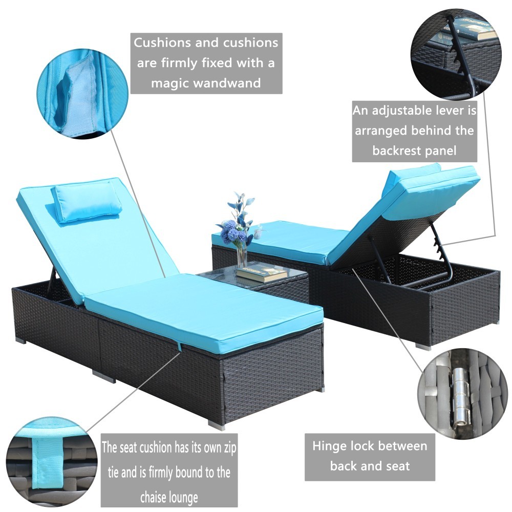 3 Piece Outdoor Patio Rattan Chaise Lounge Set Adjustable Reclining Chair