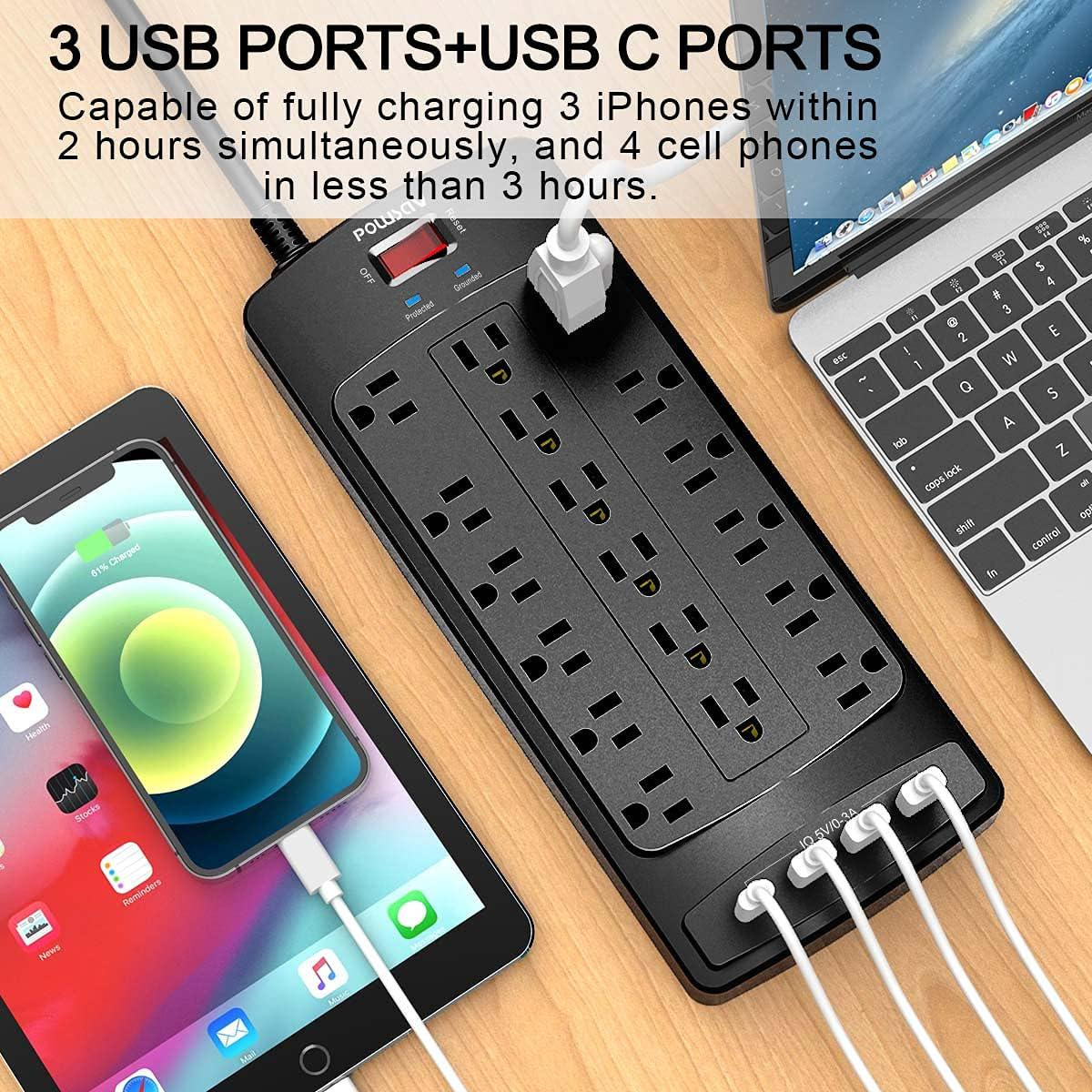 18 Outlets Surge Protector Power Strip - 6 Feet Flat Plug Heavy Duty Extension C