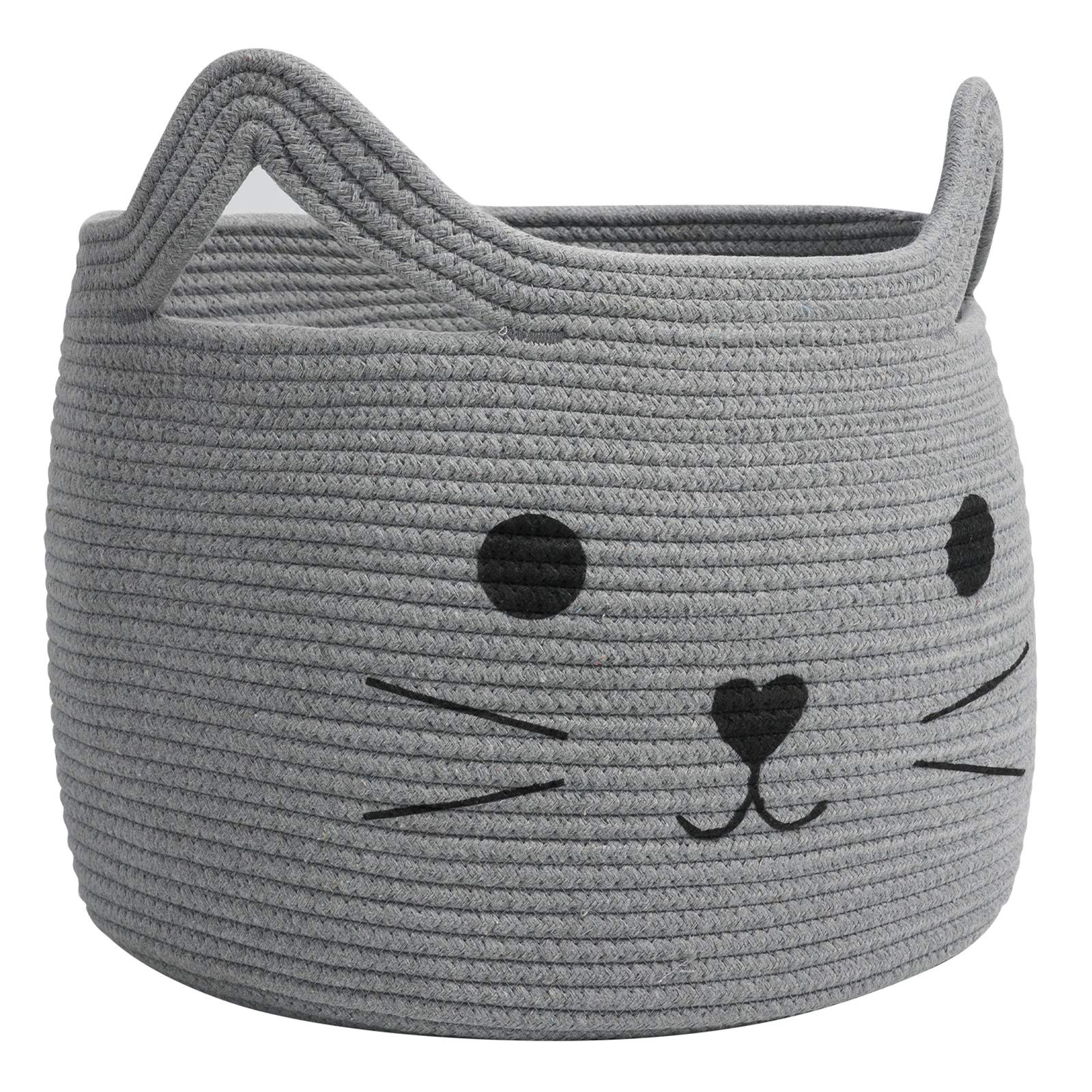 Large Woven Rope Cat Basket with Cat Design, Grey
