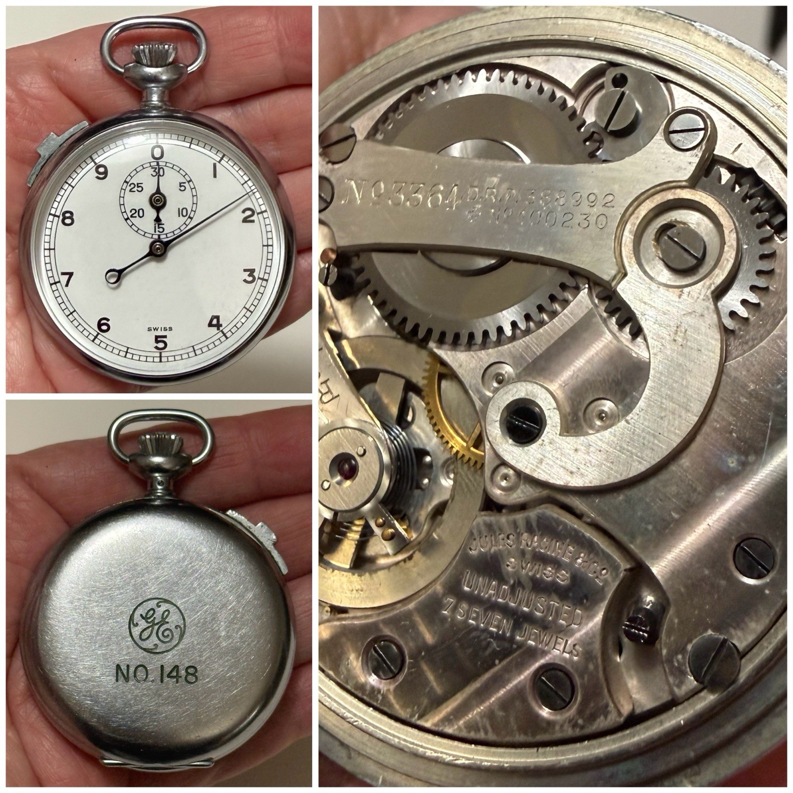 Vtg General Electric GE Jules Racine Excelsior Park 3364 Swiss 7J Stopwatch Runs