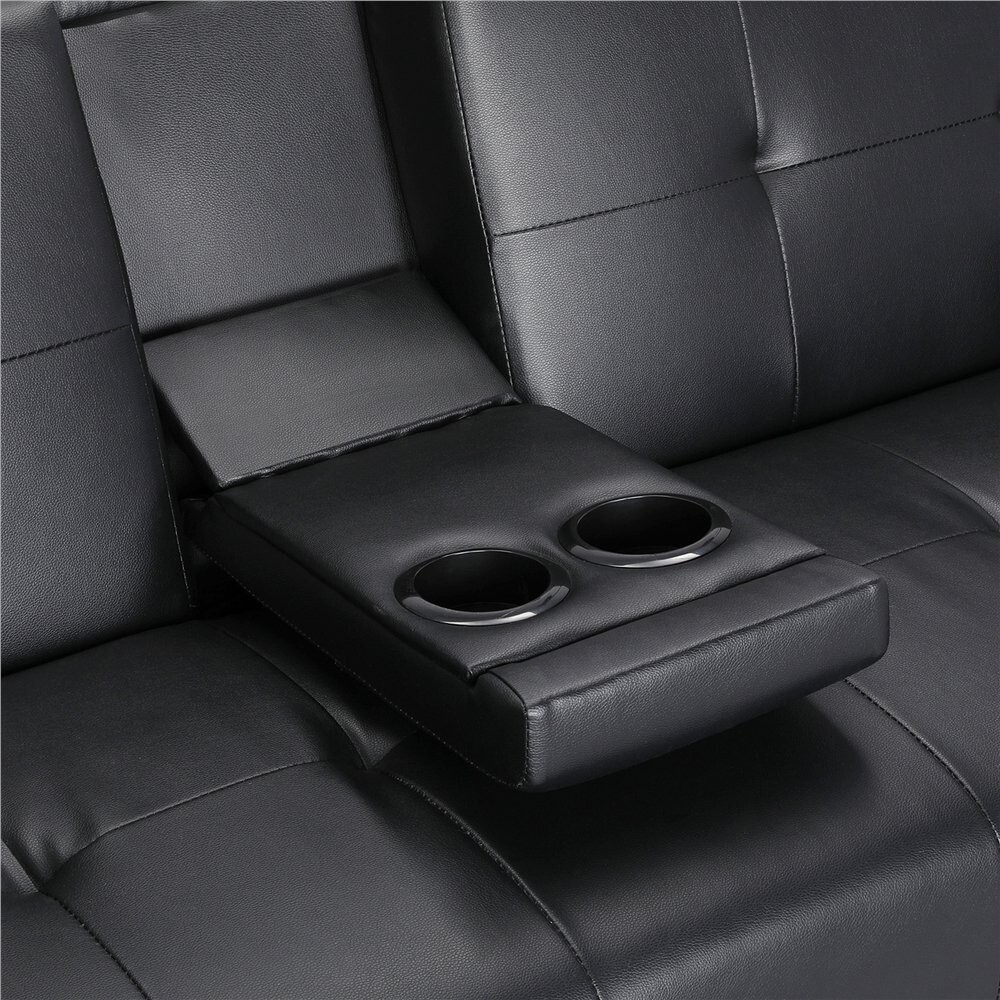 Faux Leather Sofa Bed Convertible Futon Sofa with 2 Throw Pillows Cup Holders