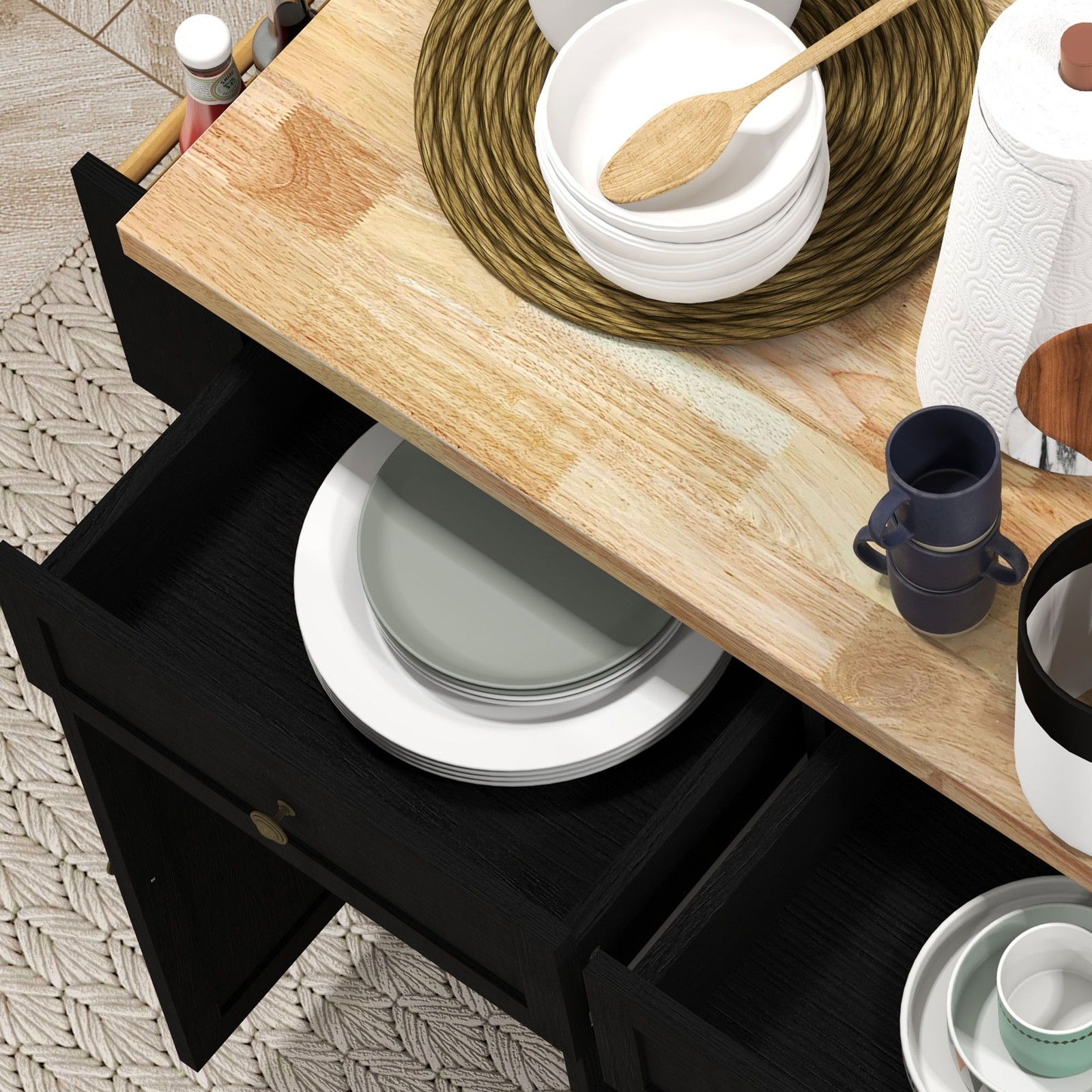 Modern Rolling Kitchen Island Cart with Spice Rack, Distressed Black