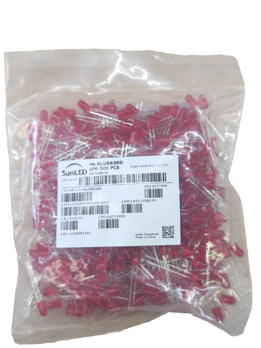 *1 Lot of 500* SunLED XLURR58D THROUGH-HOLE Red LEDS 5mm Round (Bi-Polar)