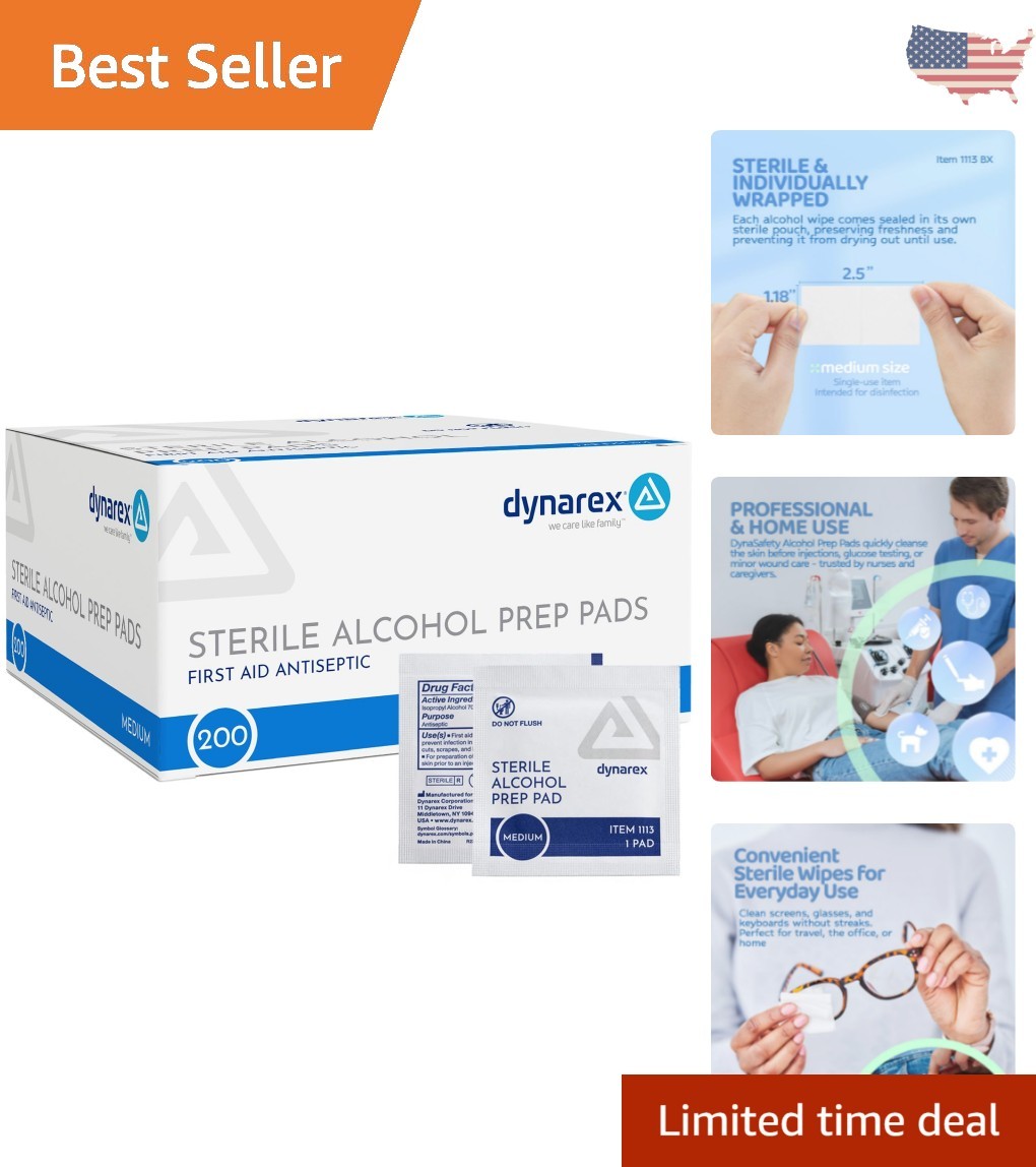 Convenient 200-Pack DynaSafety Sterile Alcohol Prep Wipes - Antibacterial Care