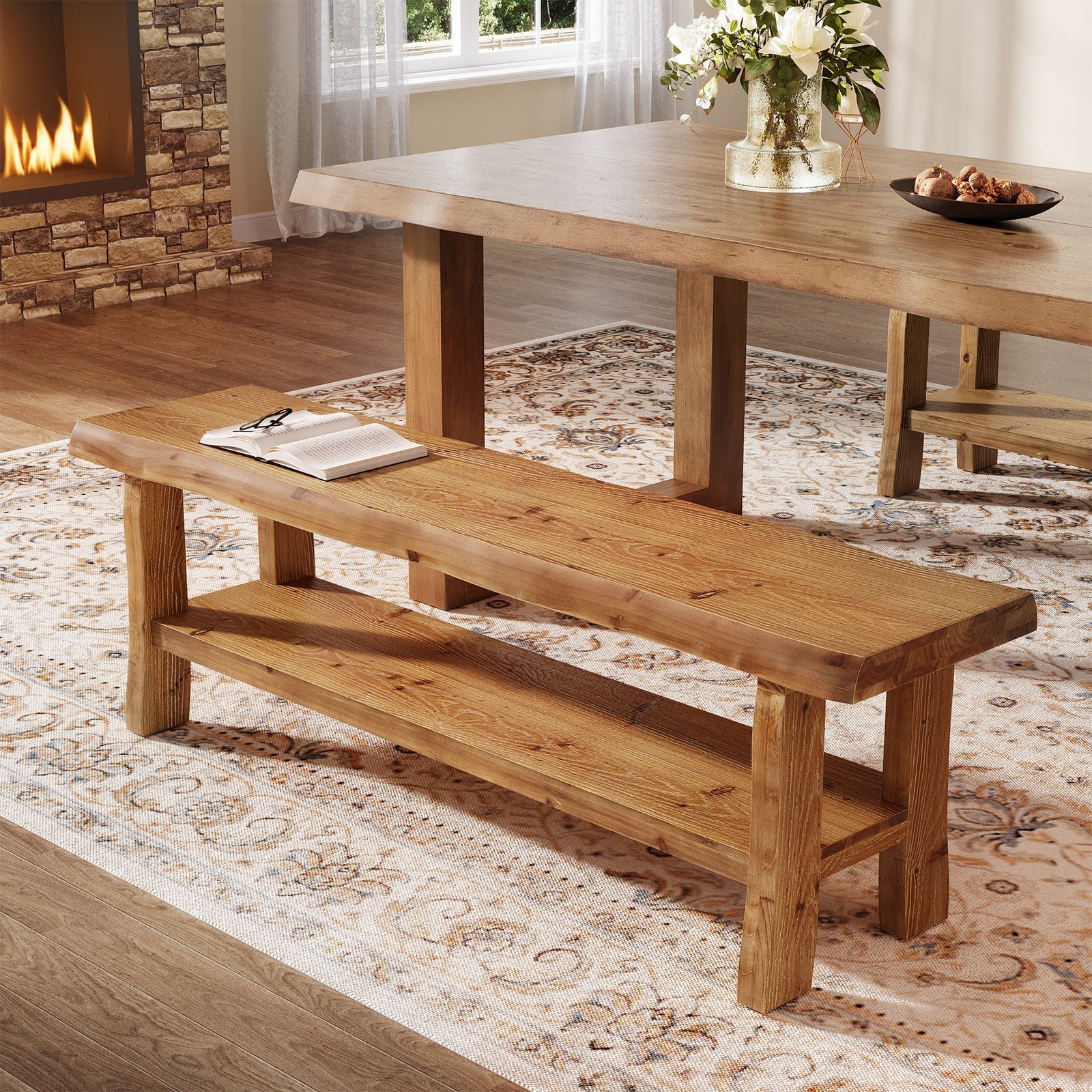 55-Inch Solid Wood Dining Bench, Farmhouse Kitchen Bench with Storage Shelf