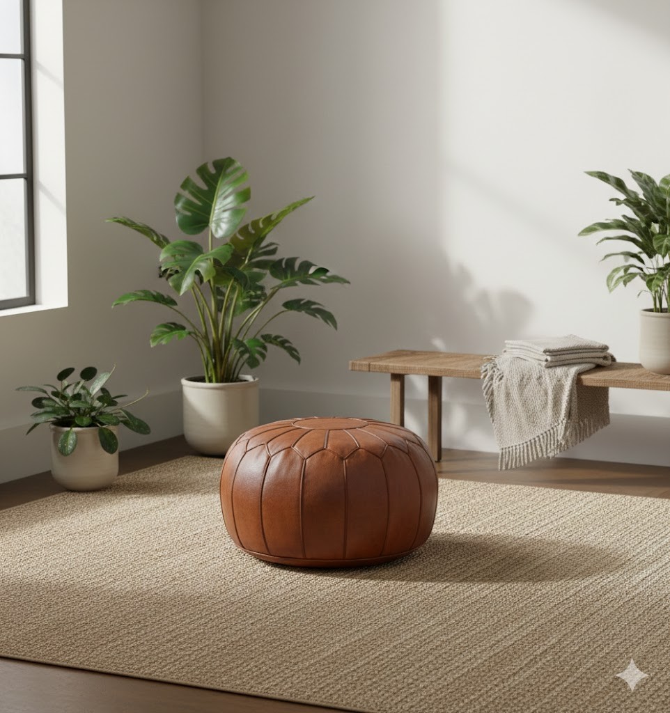 Premium Moroccan Round Leather Pouf,Handmade Leather Ottoman Footstool Pouf,Brow