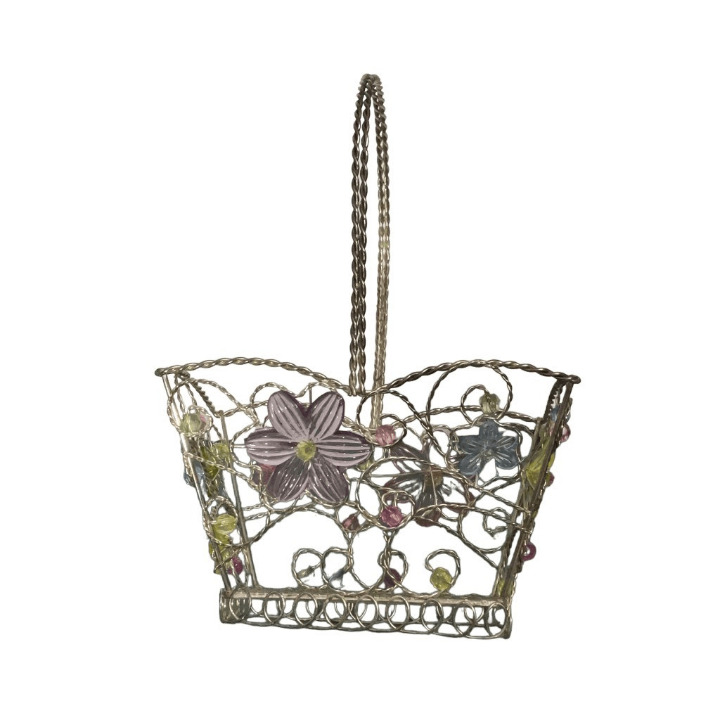Silver Wire Metal Small Rectangular Basket Beaded Contoured Floral Yellow Purple