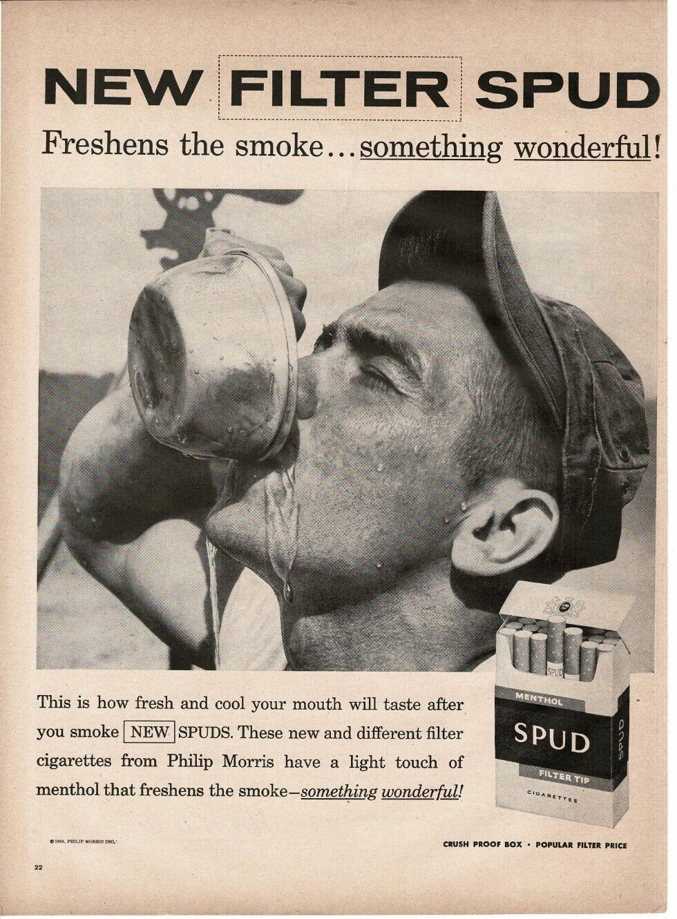 1956 Spud Menthol Cigarettes man drinking from tin cup Vintage Print Ad 1