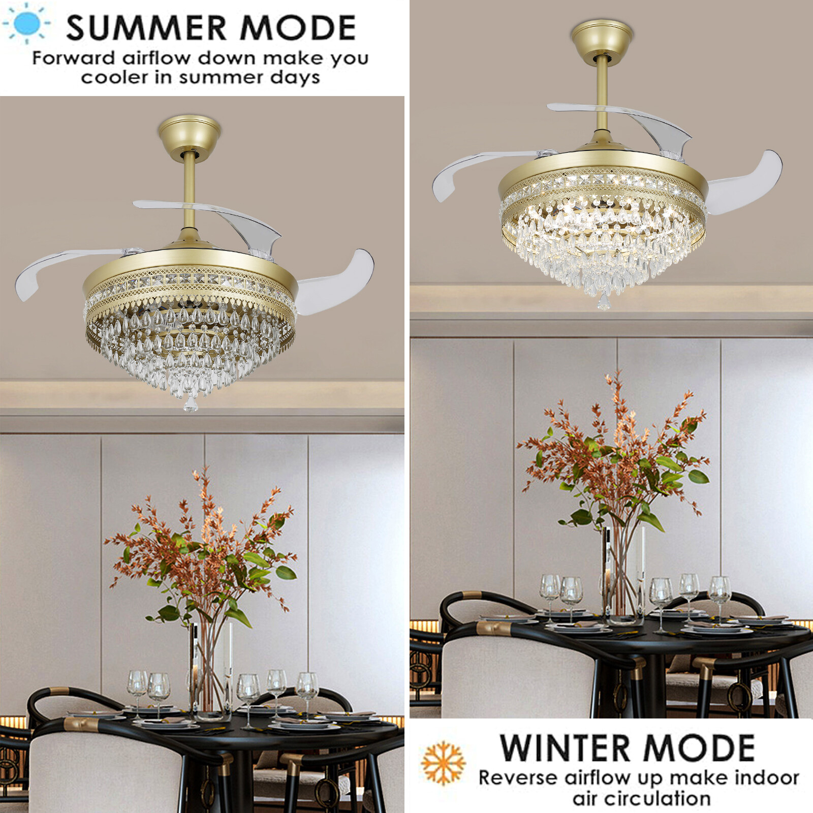 Modern Crystal Ceiling Fan Light with Remote Control and LED IlluminationUS