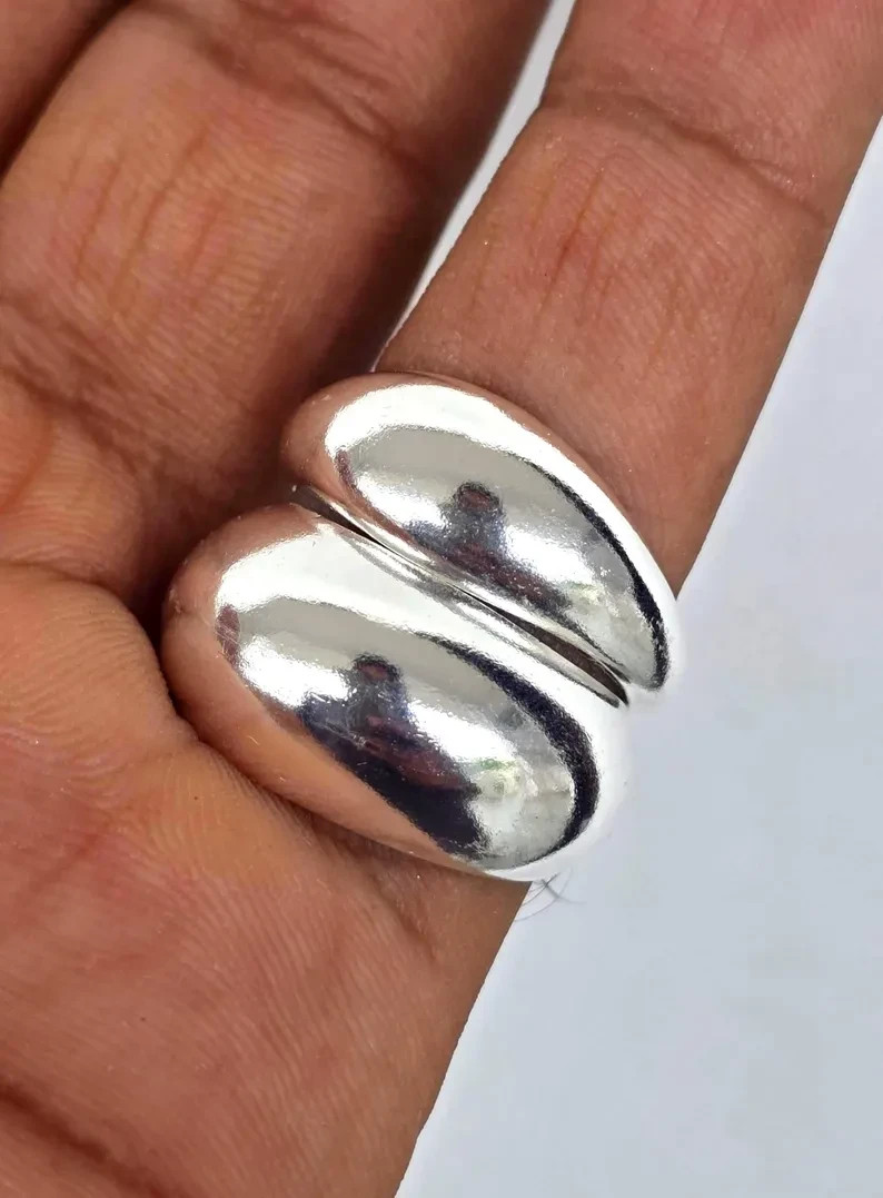 925 Sterling Silver Ring 2 set dome ring Wide Statement Ring Women silver Ring C