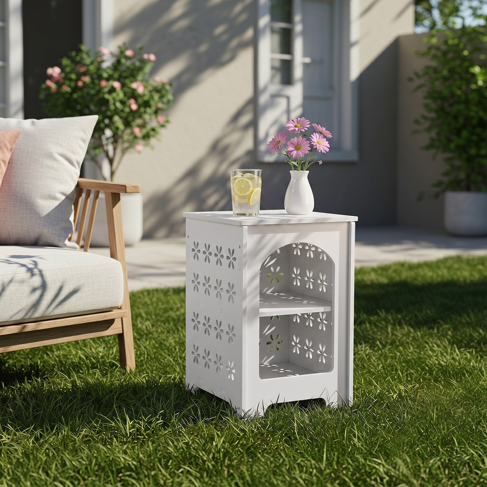 Small Side Table Living Room, Bedroom PVC Bedside w/ Storage Rack for Indoor