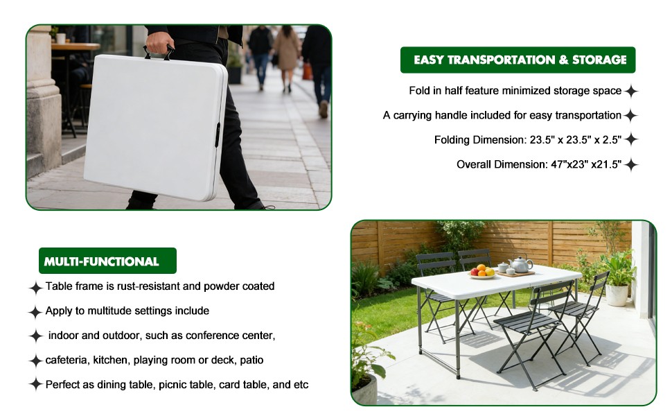 Folding Table Adjustable 4FT Plastic Table Picnic Camping w/Carry Handle White
