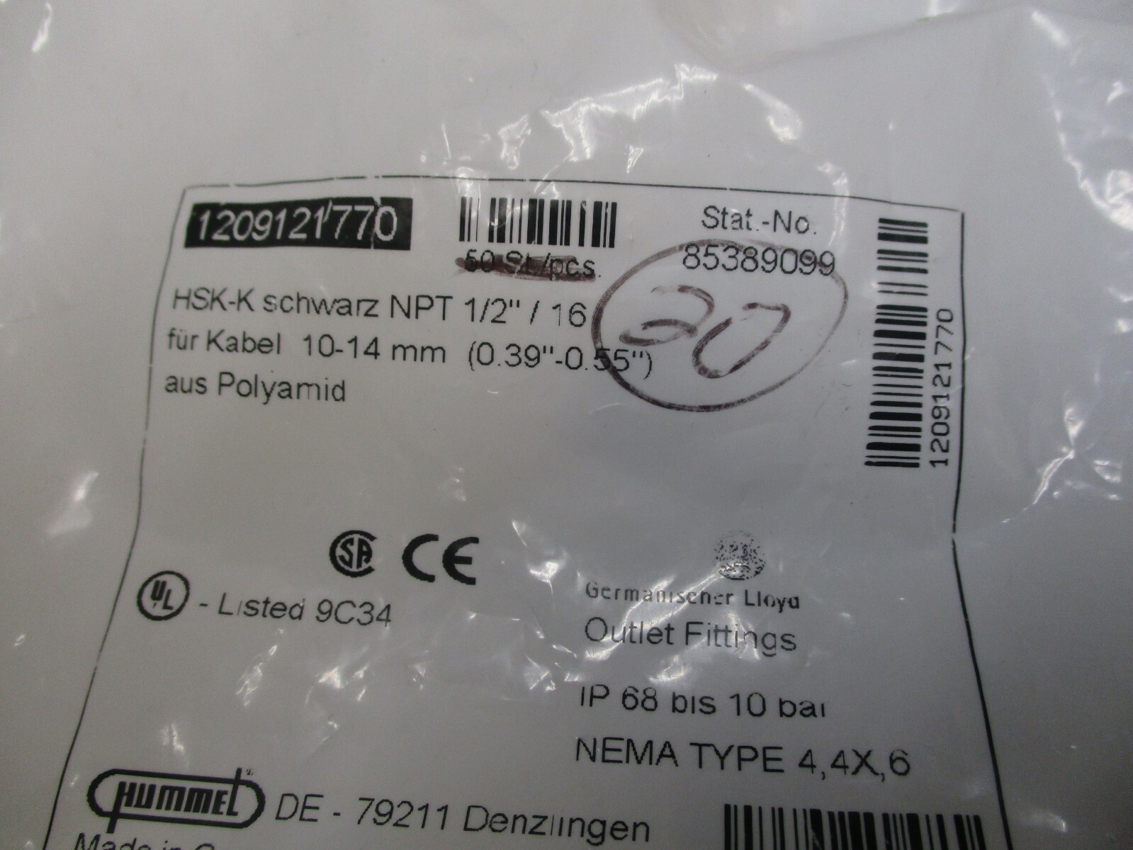 (19)HUMMEL Plastic Cable Fixing Cord Gland Connector HSK-K SCHWARZ NPT  1/2" /16