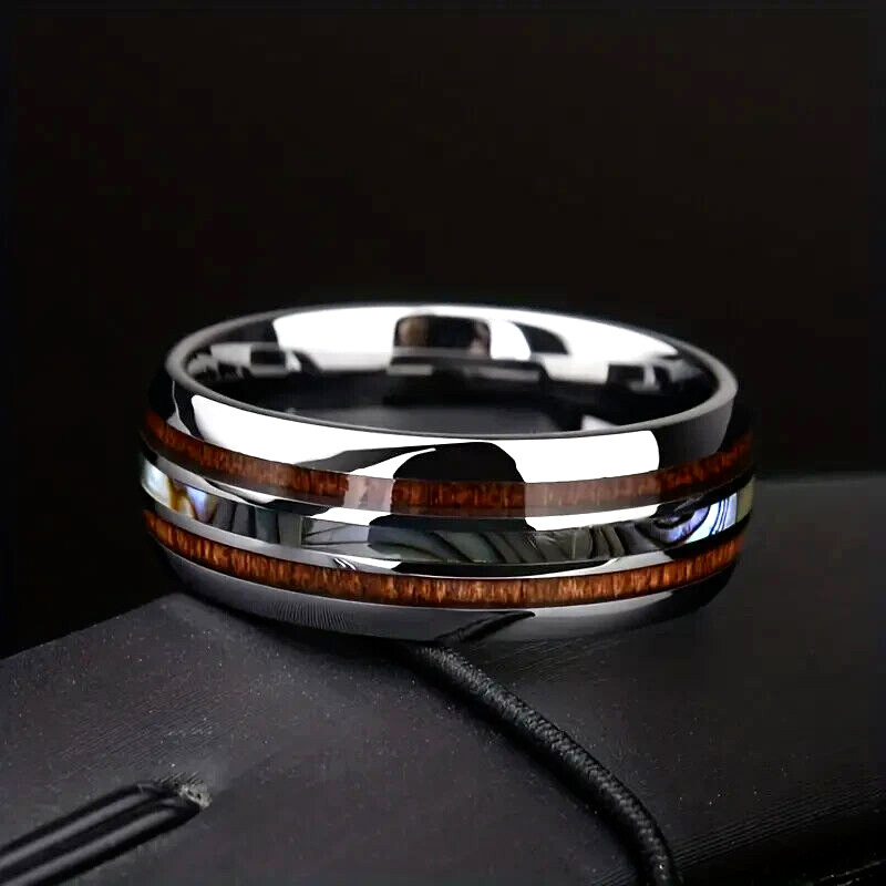 Men's 8mm Tungsten Abalone Hawaiian Koa Wood Inlay Comfort-Fit Wedding Band