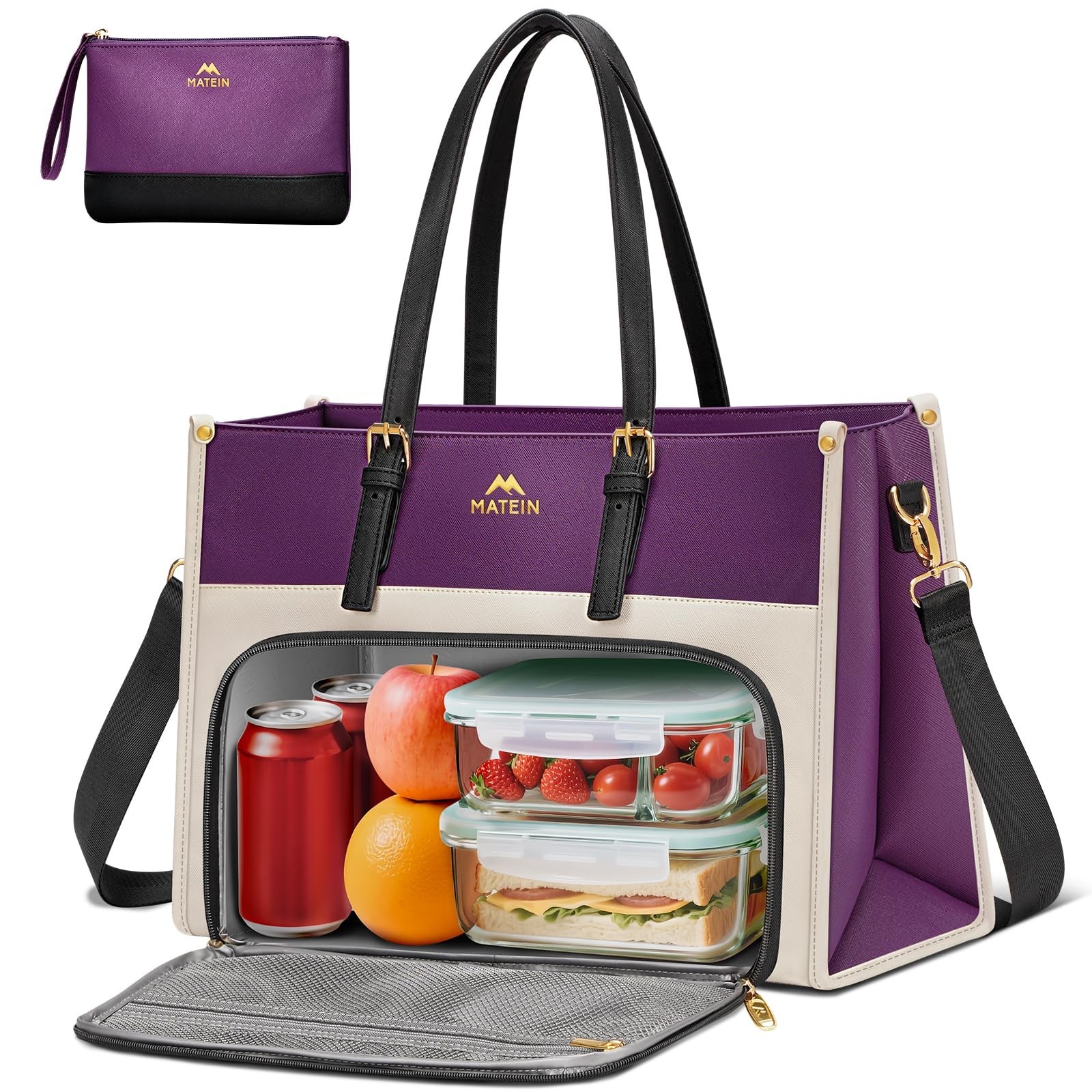 MATEIN Lunch Tote Bag for Women, 15.6 Inch PU Leather Laptop Briefcase with I...