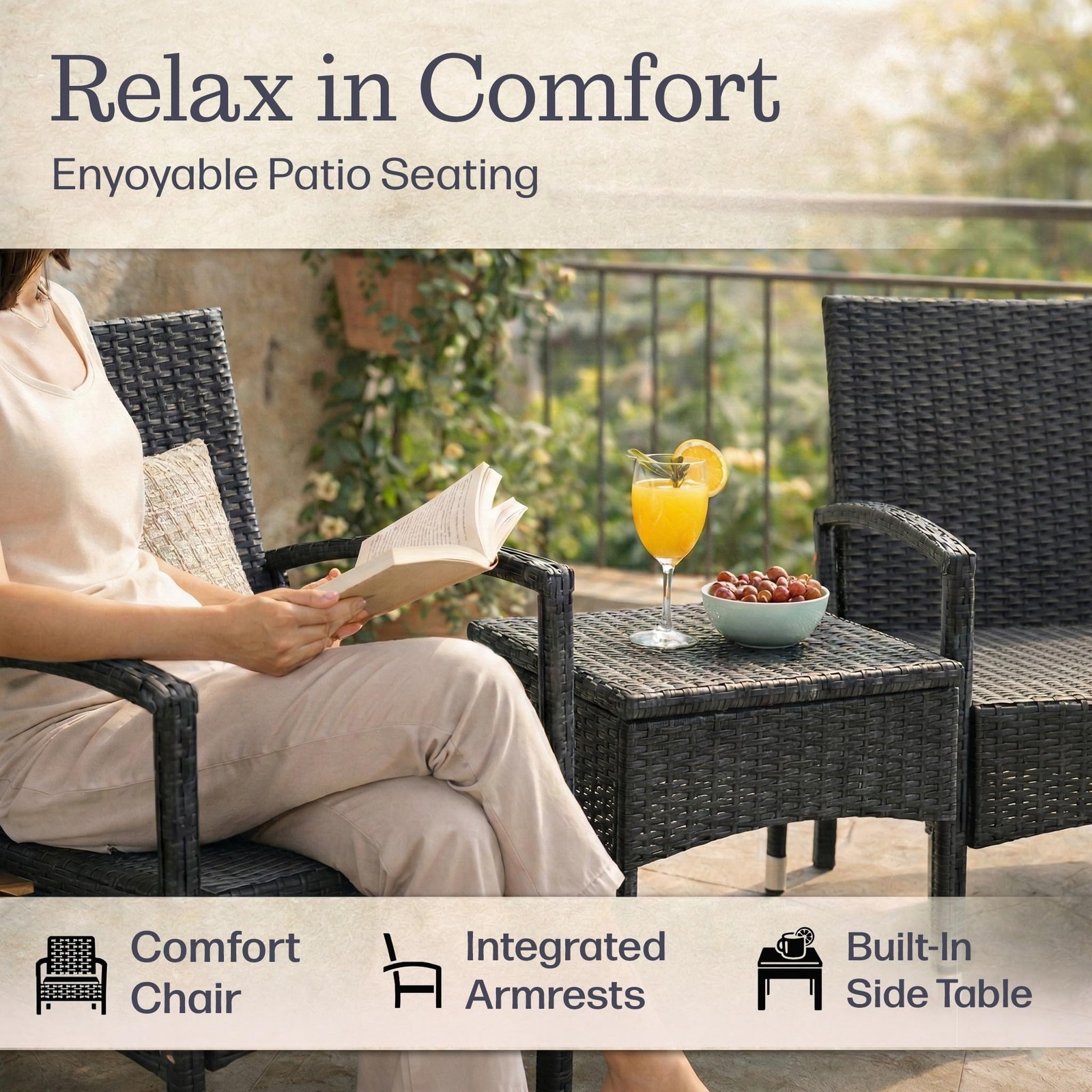 80-OUTD-WK-NCSHCHTBL, Gray Outdoor Patio Set ? 3-Piece Rattan Seating Combo w...