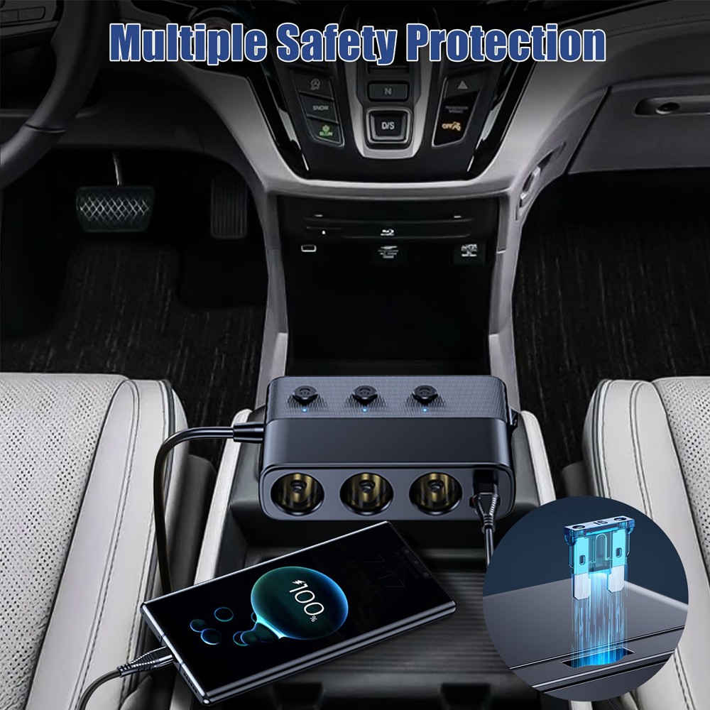 3 Way Car Cigarette Lighter Socket Splitter USB Fast Charger Power Adapter 12V