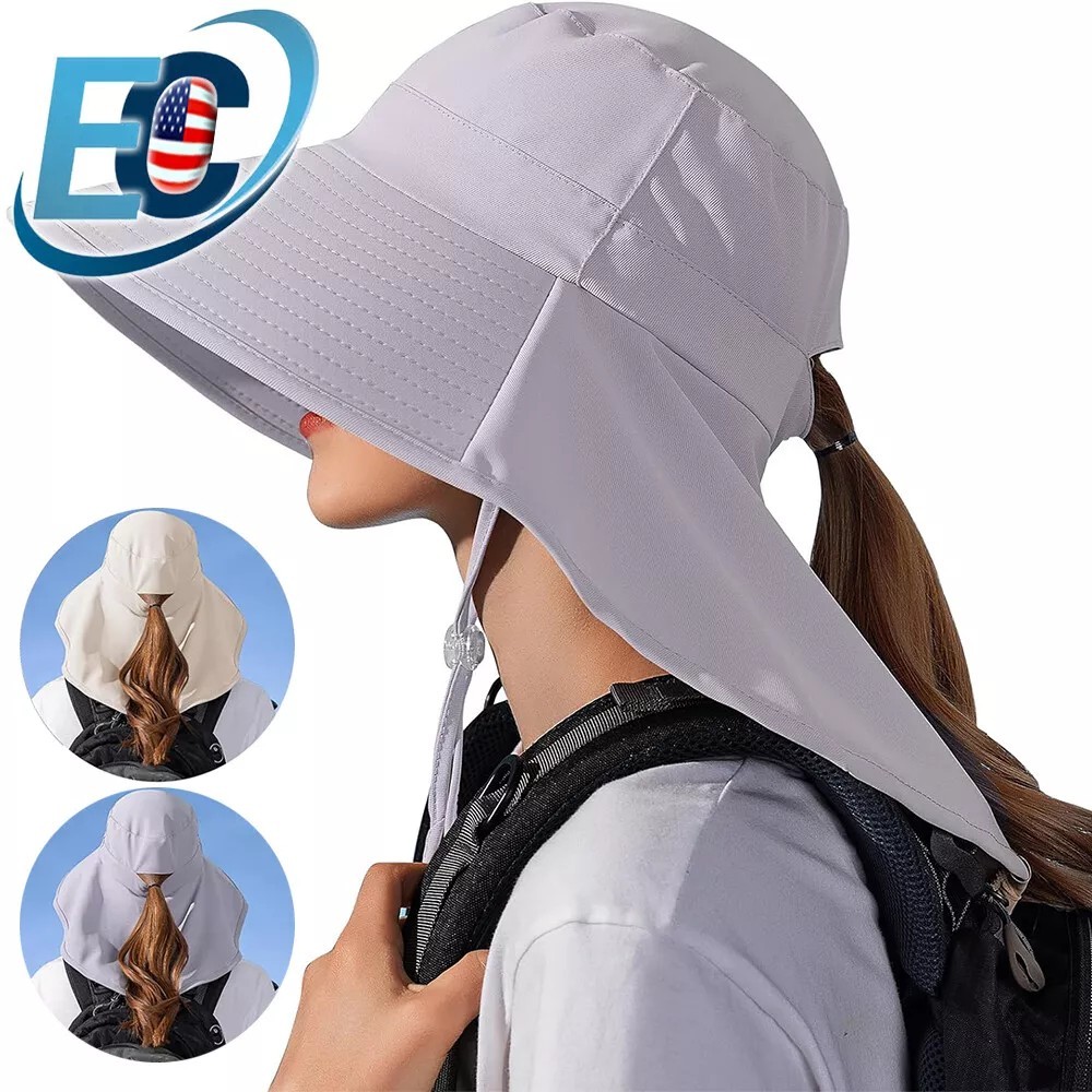 Women Wide Brim Sun Hat with Neck Flap Ponytail Hole for Fishing Hiking Camping